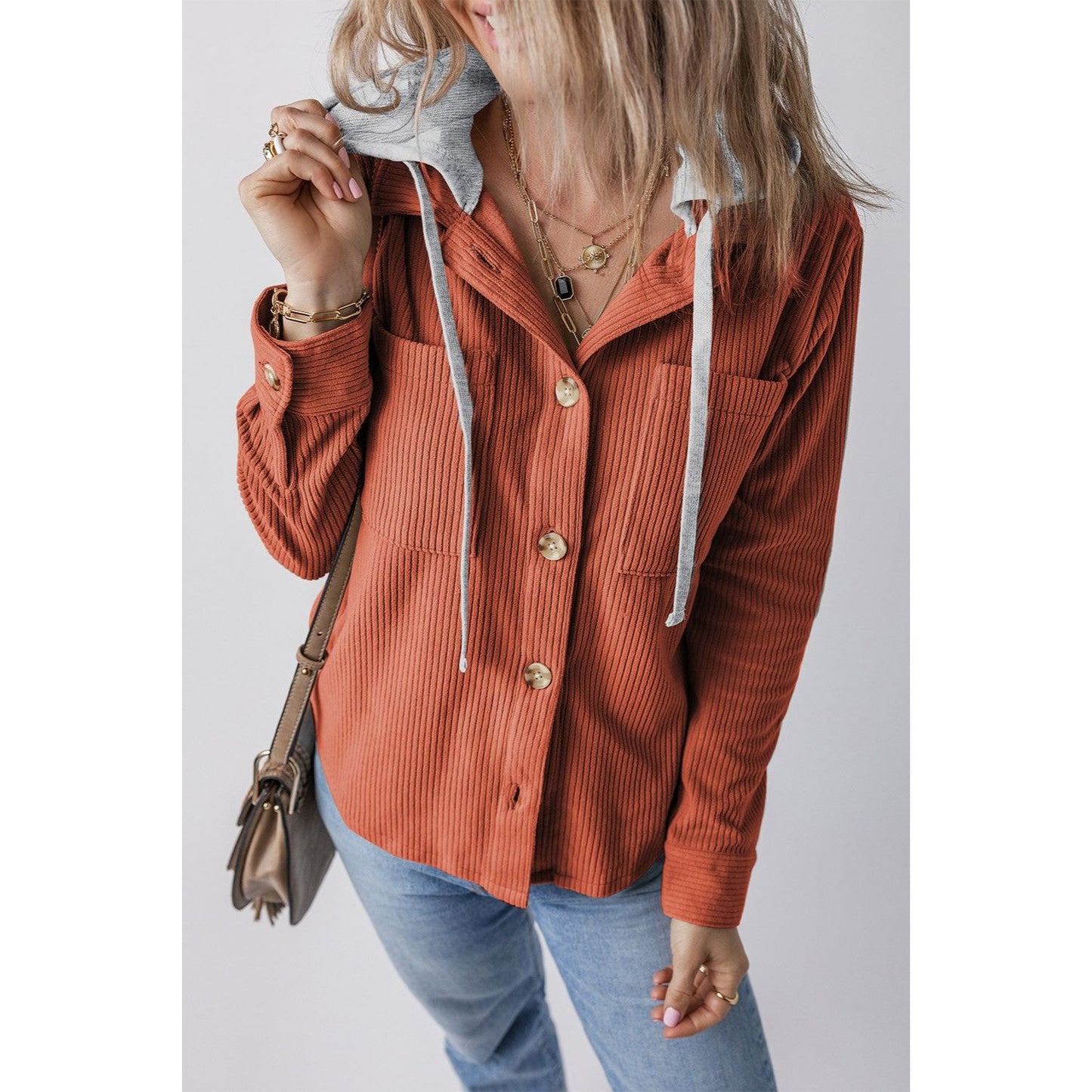Drawstring Button Up Long Sleeve Hooded Jacket