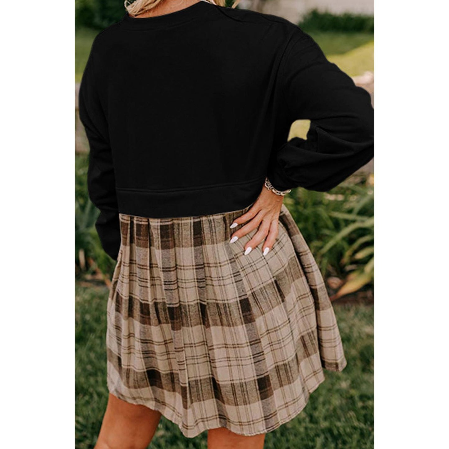 Plaid Round Neck Long Sleeve Mini Dress