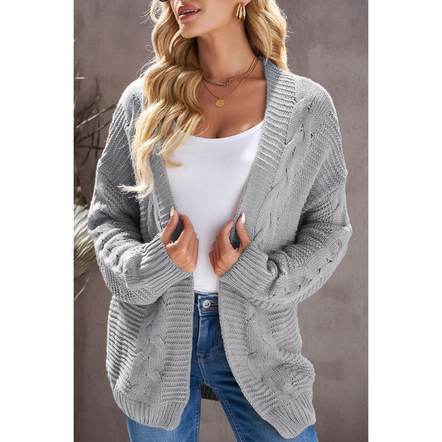 Cable-Knit Open Front Cardigan