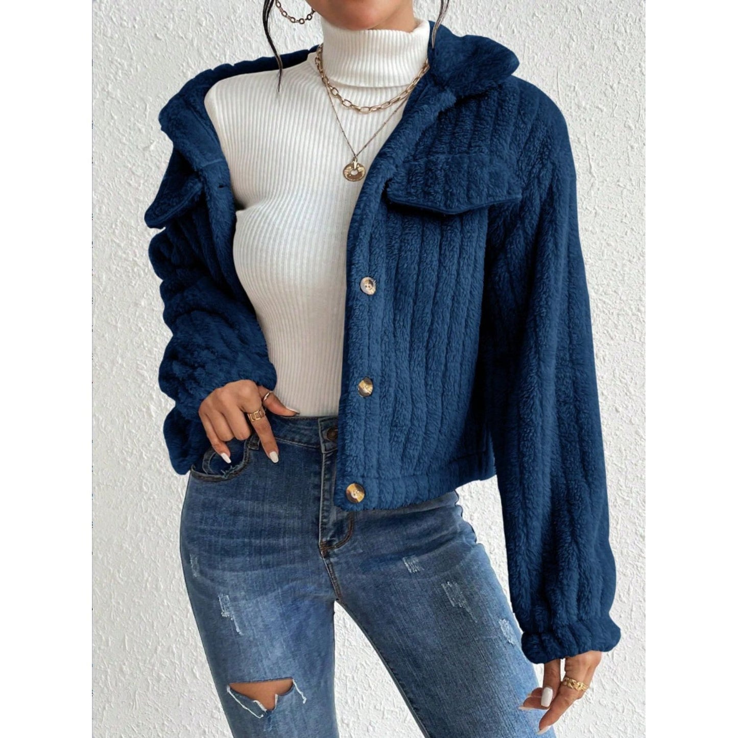 Fuzzy Button Up Collared Neck Jacket
