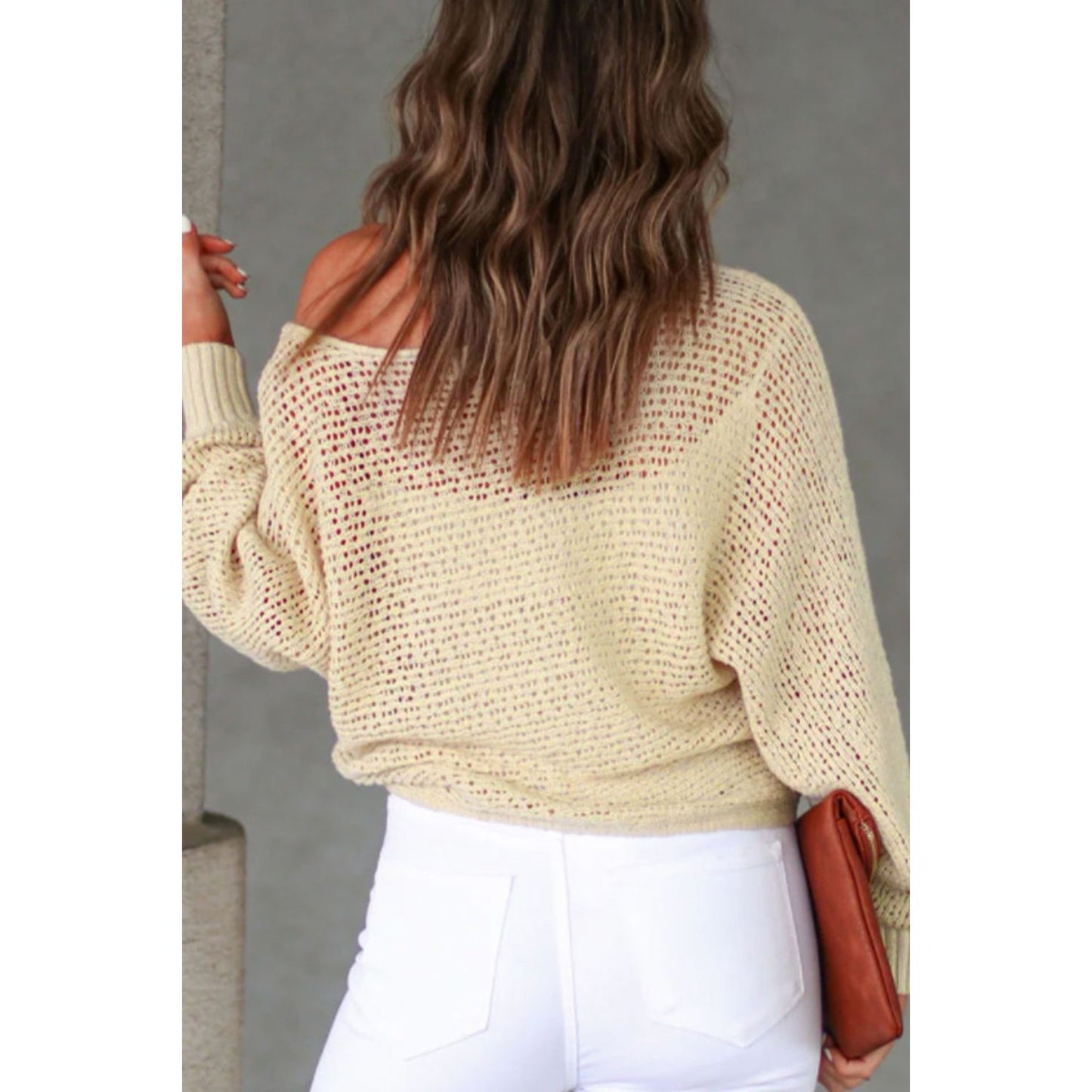 Openwork Boat Neck Raglan Sleeve Knit Top