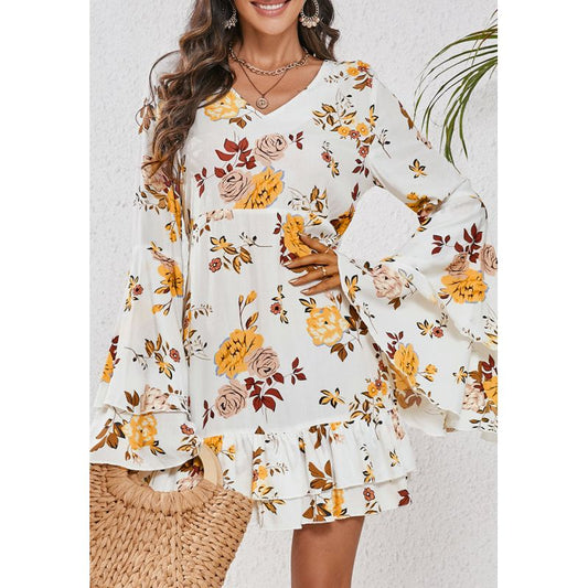 Printed V-Neck Flare Sleeve Mini Dress