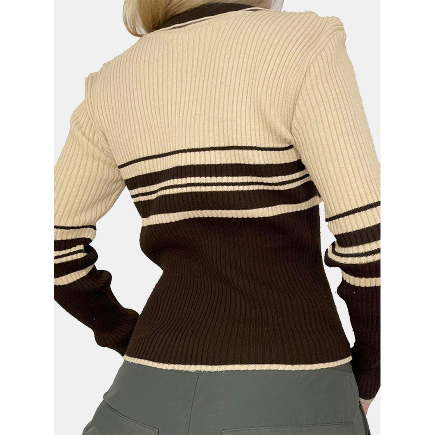 Striped Collared Neck Long Sleeve Knit Top