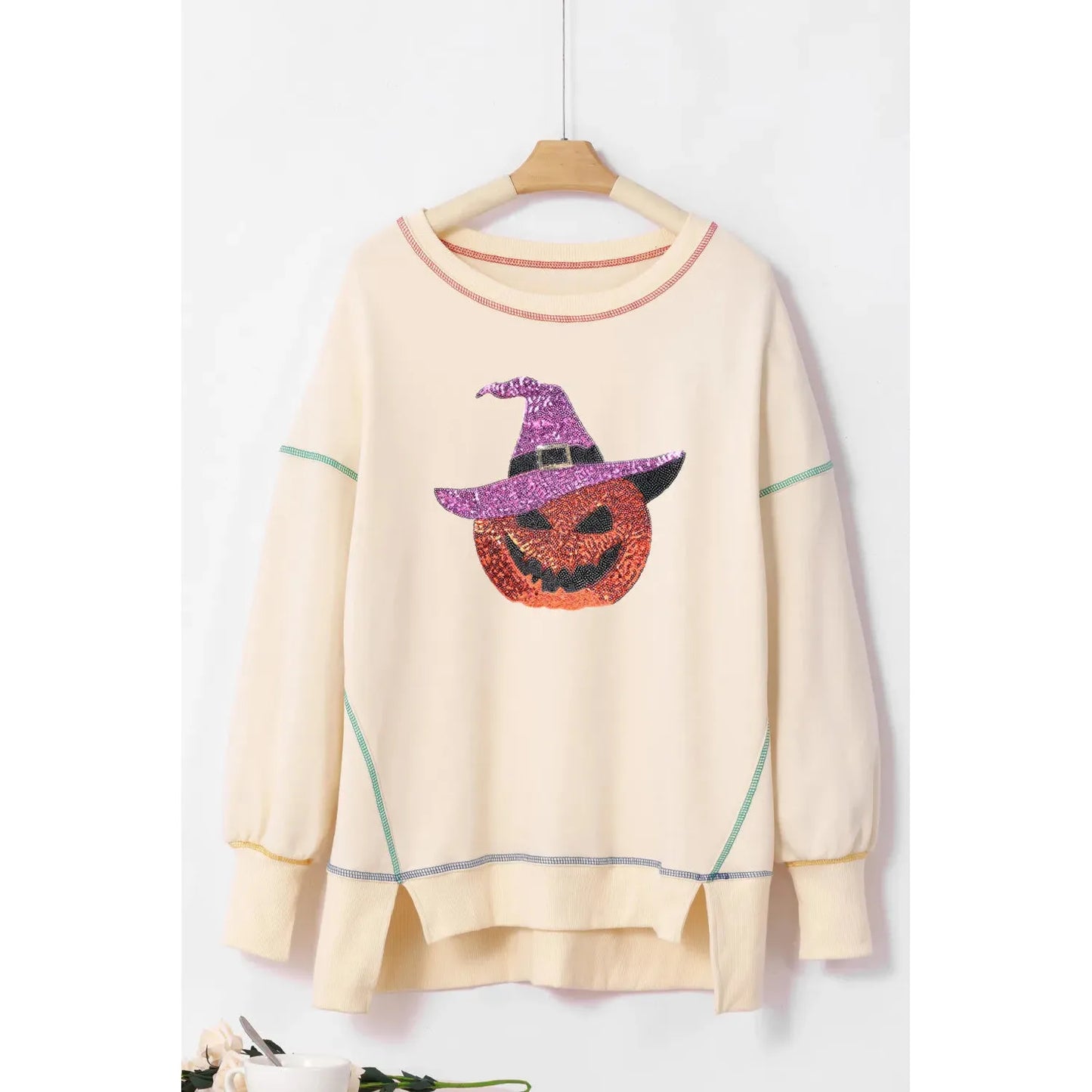 Contrast Stitching Sequin Pumpkin Round Neck Long Sleeve Sweatshirt