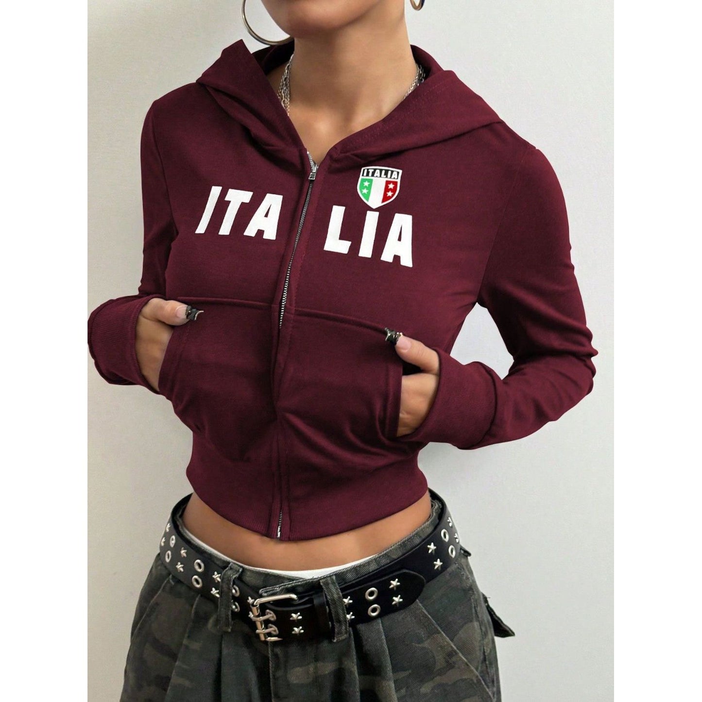 Letter Graphic Zip Up Long Sleeve Hoodie