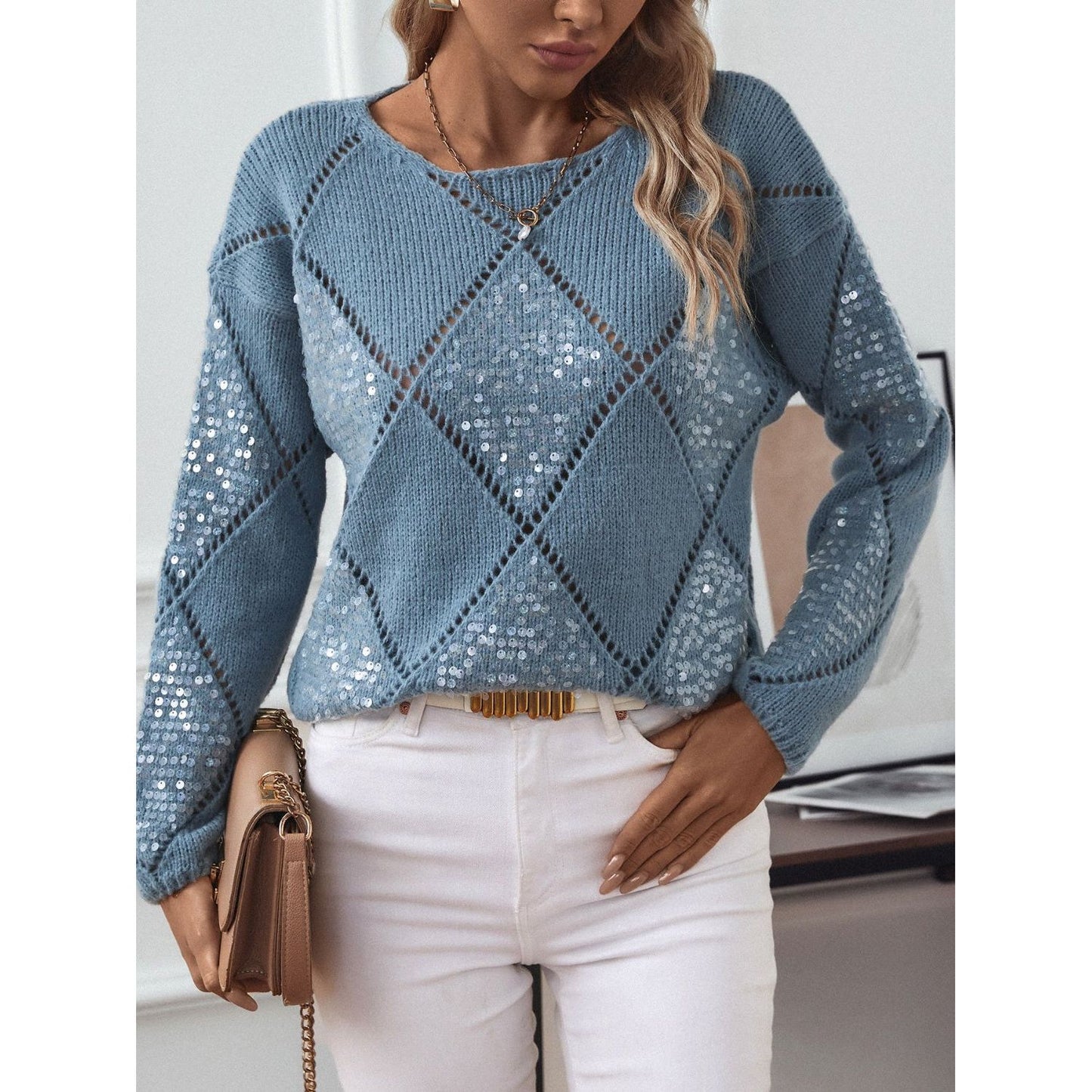 Openwork Round Neck Long Sleeve Knit Top
