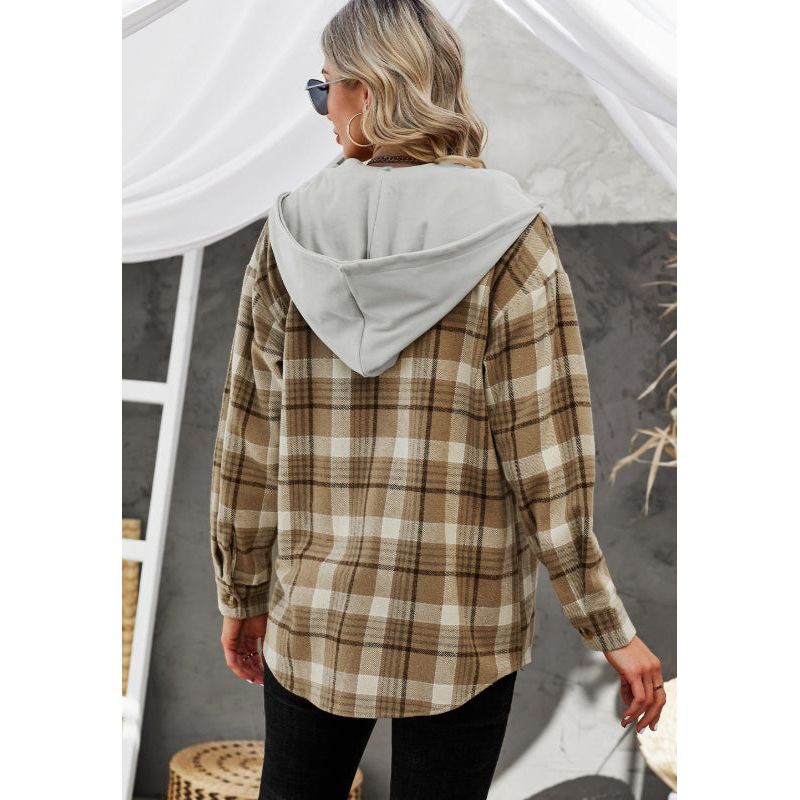 Plaid Button Up Long Sleeve Hooded Jacket