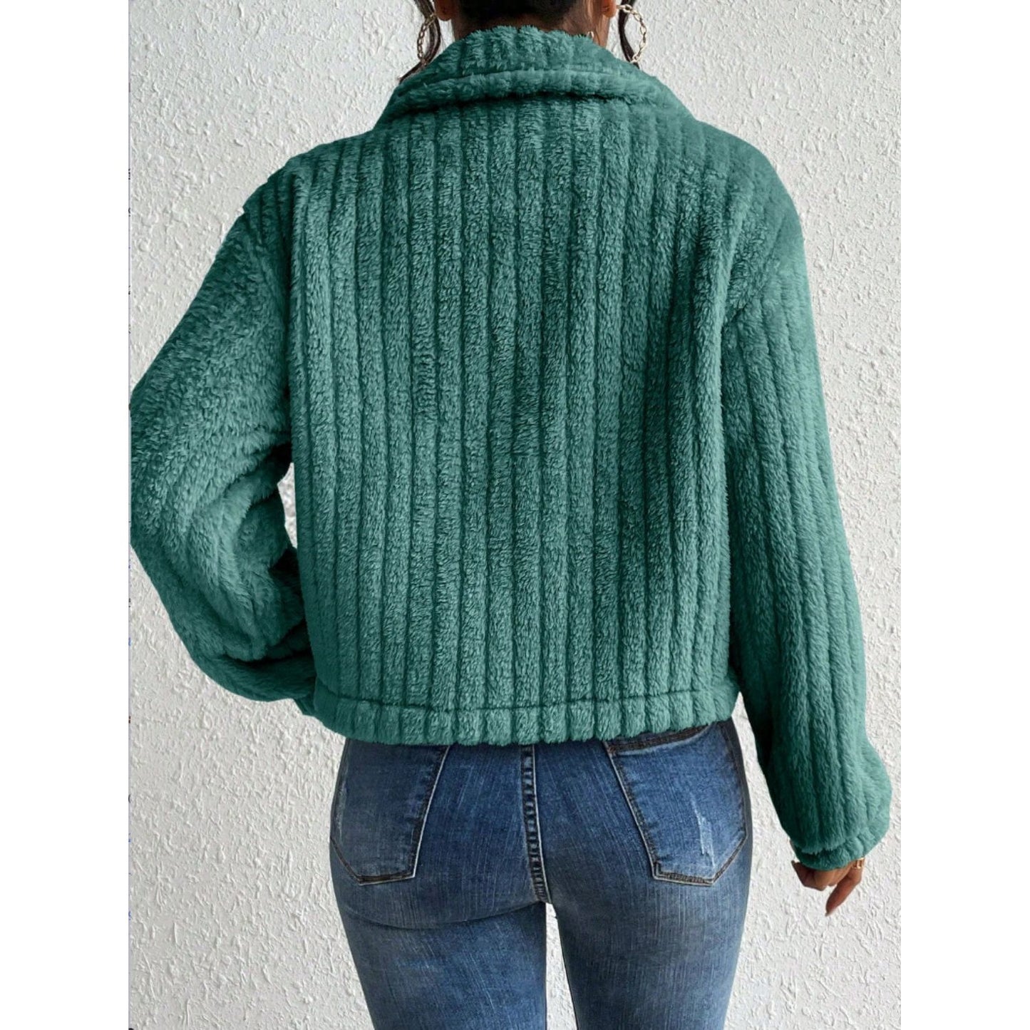 Fuzzy Button Up Collared Neck Jacket