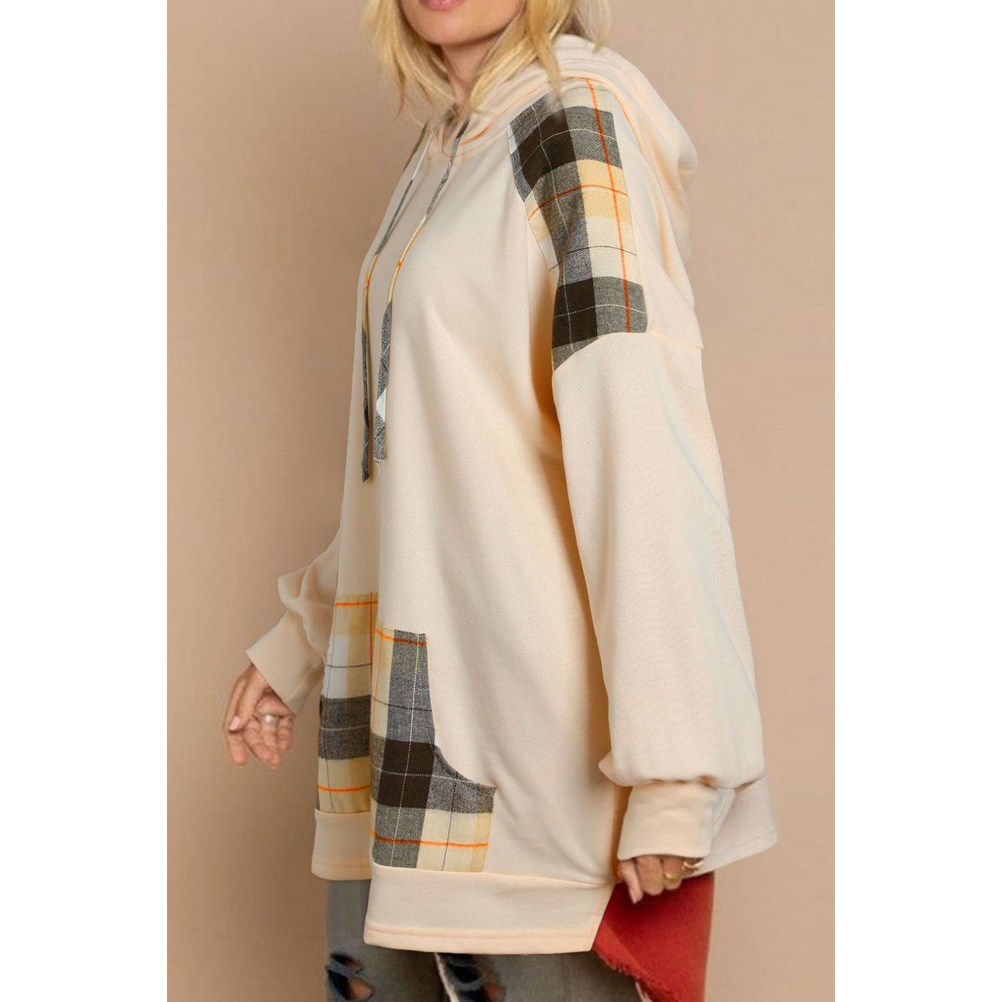 Drawstring Plaid Long Sleeve Hoodie