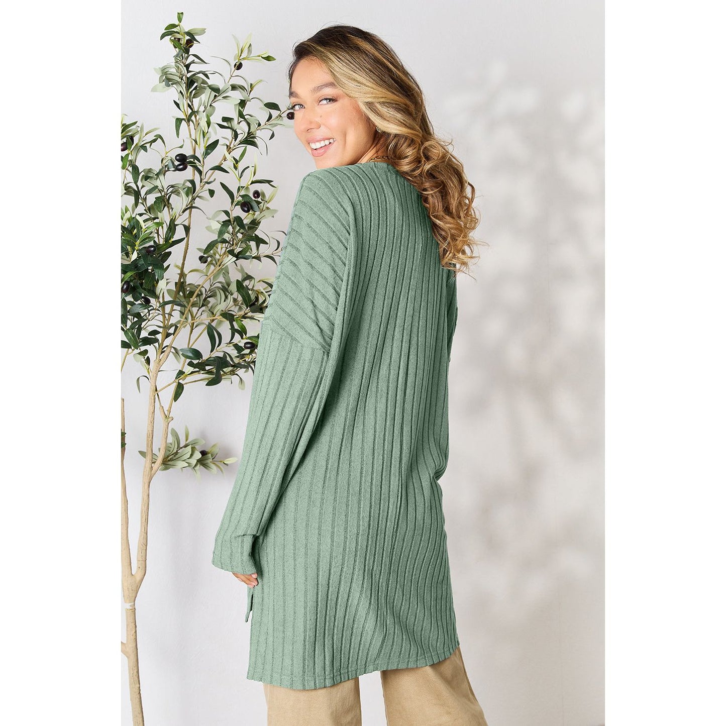 Basic Bae Full Size Ribbed Round Neck Long Sleeve Slit Top