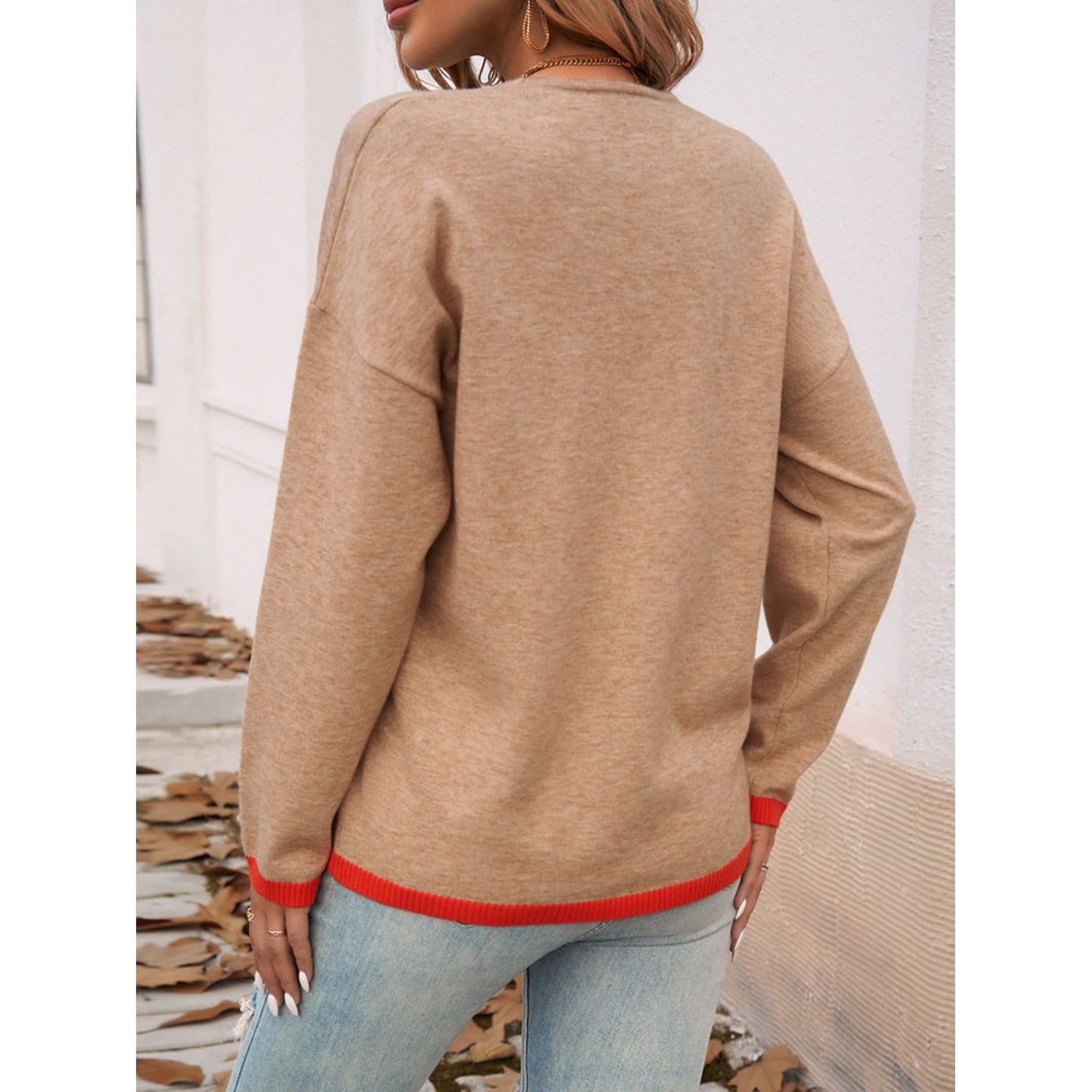 Devine Contrast Trim V-Neck Dropped Shoulder Sweater