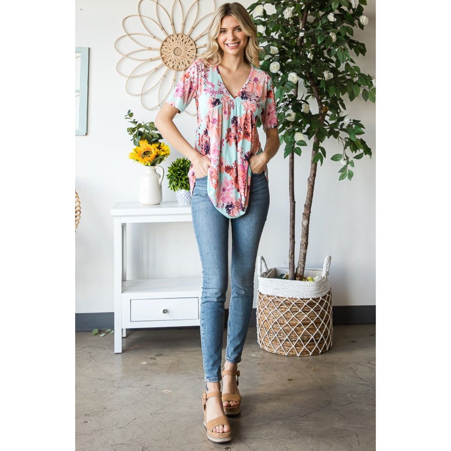 Heimish Full Size Floral V-Neck Short Sleeve Babydoll Blouse