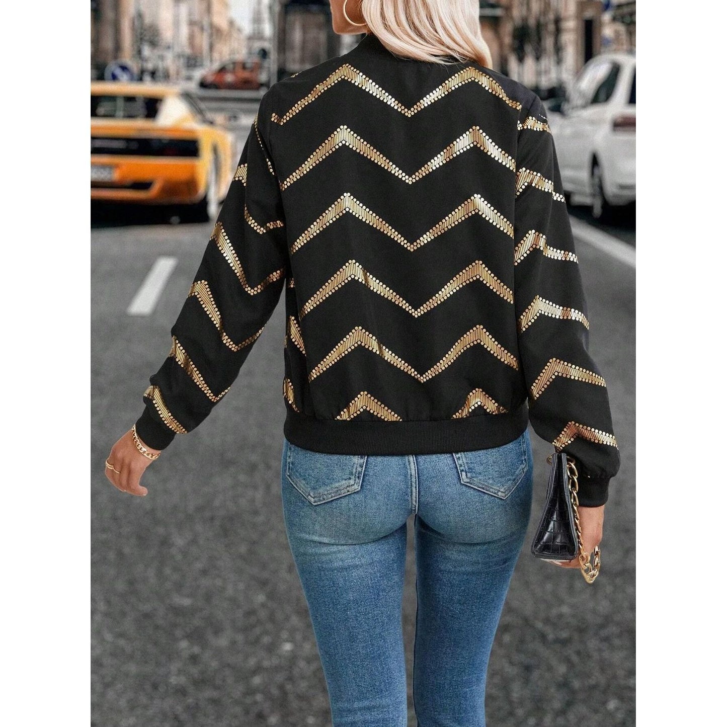 Printed Baseball Collar Zip Up Jacket