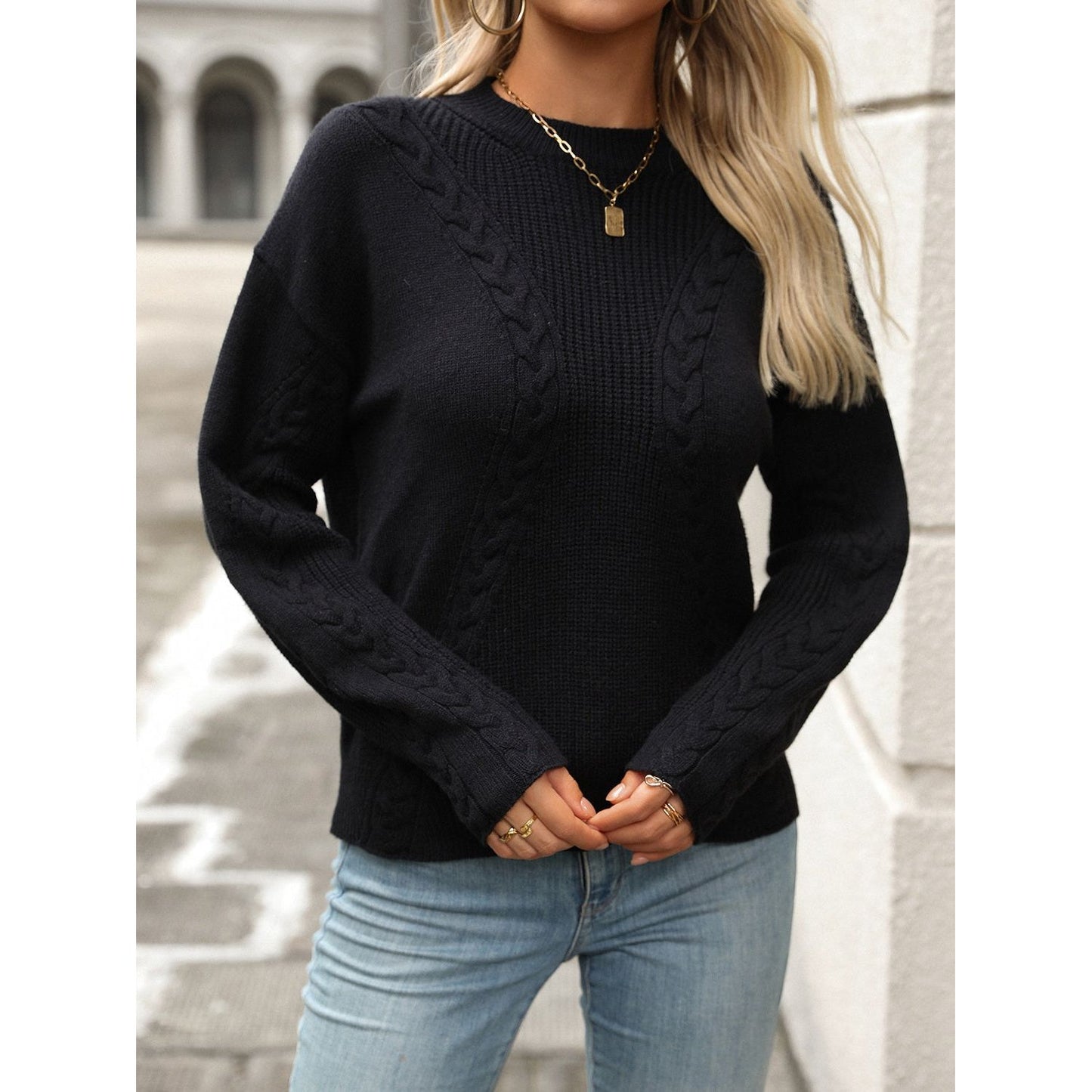 Cable-Knit Round Neck Long Sleeve Sweater
