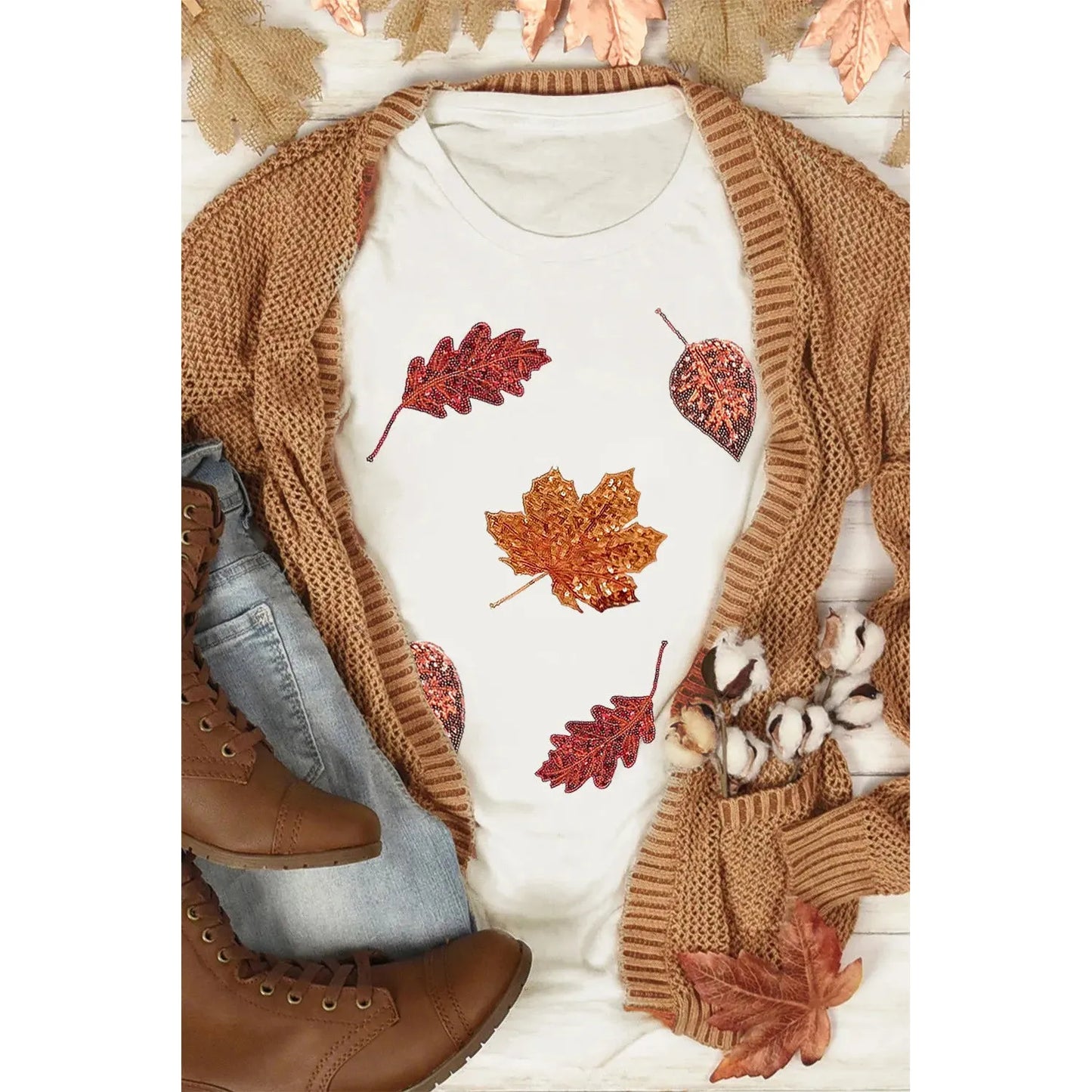 Maple Leaf Round Neck Short Sleeve T-Shirt