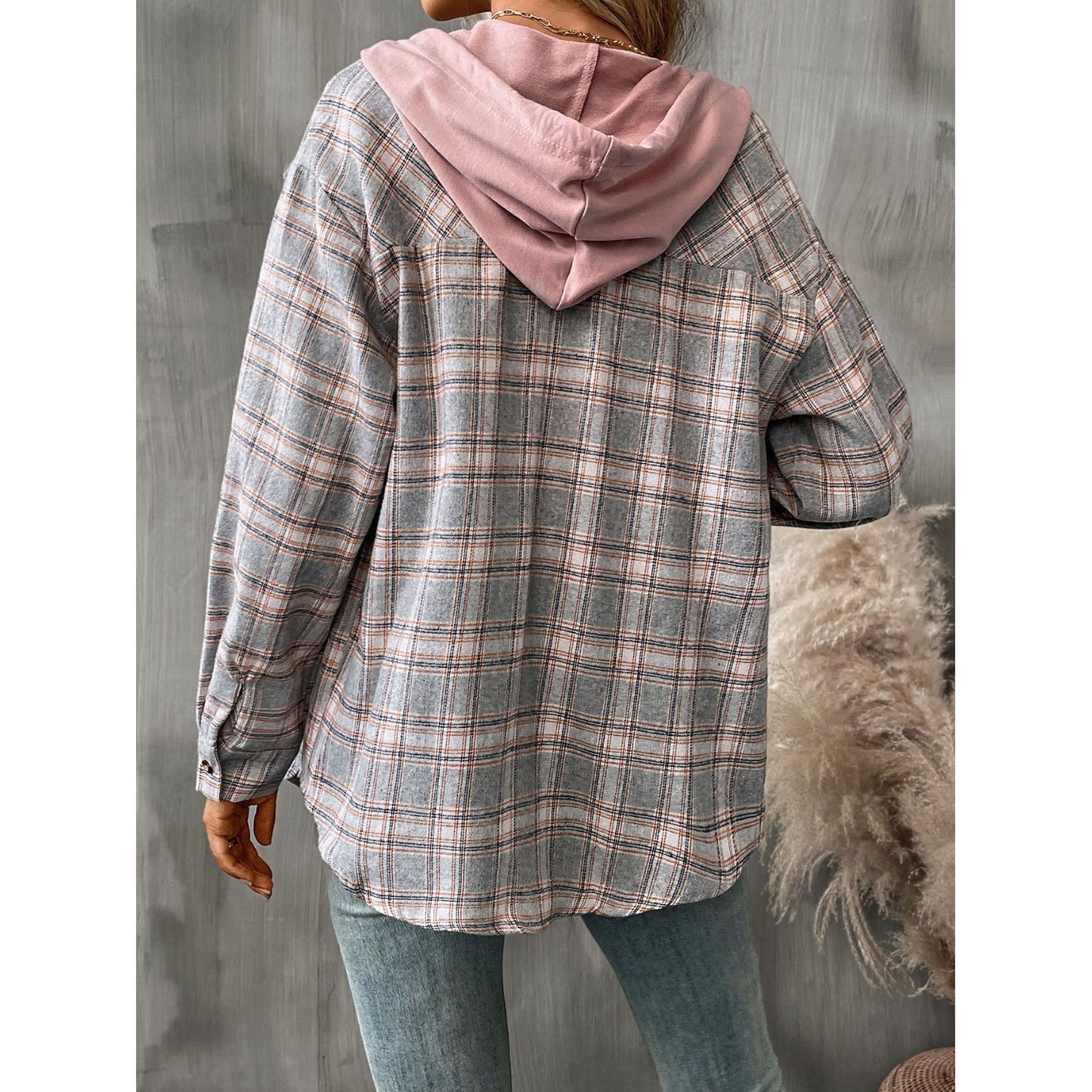 Plaid Long Sleeve Hooded Jacket