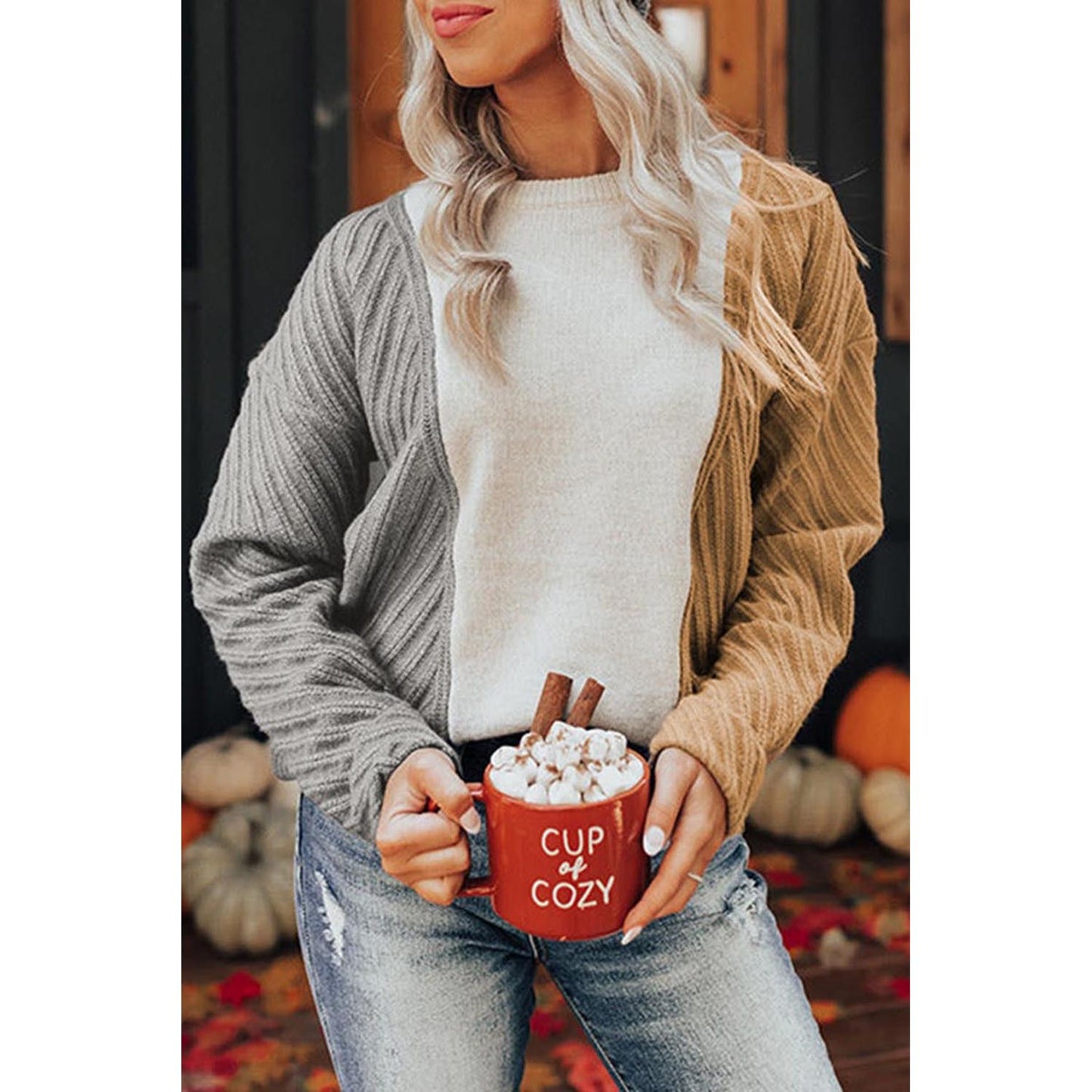 Color Block Textured Drop Shoulder Sweater