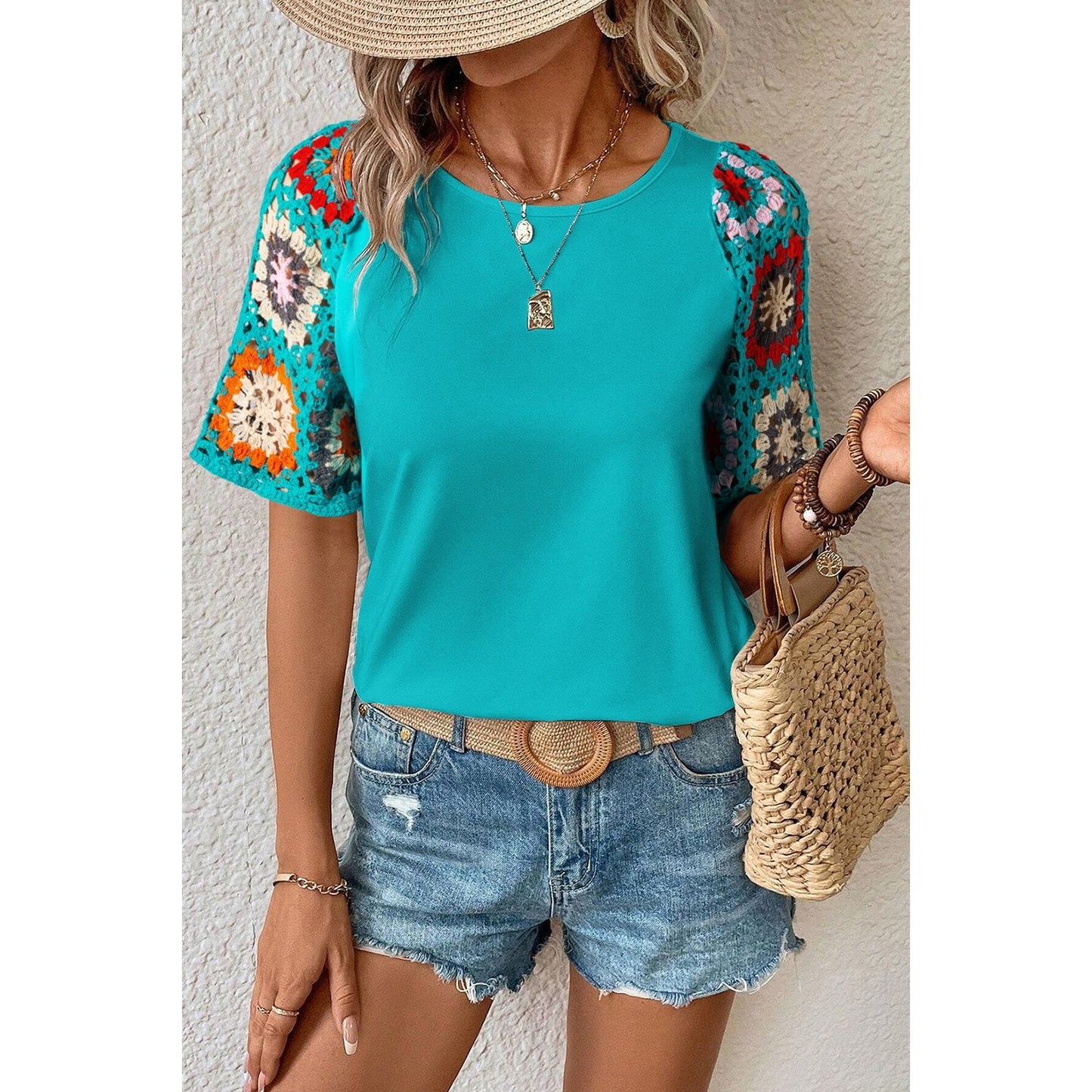 Geometric Round Neck Short Sleeve Blouse