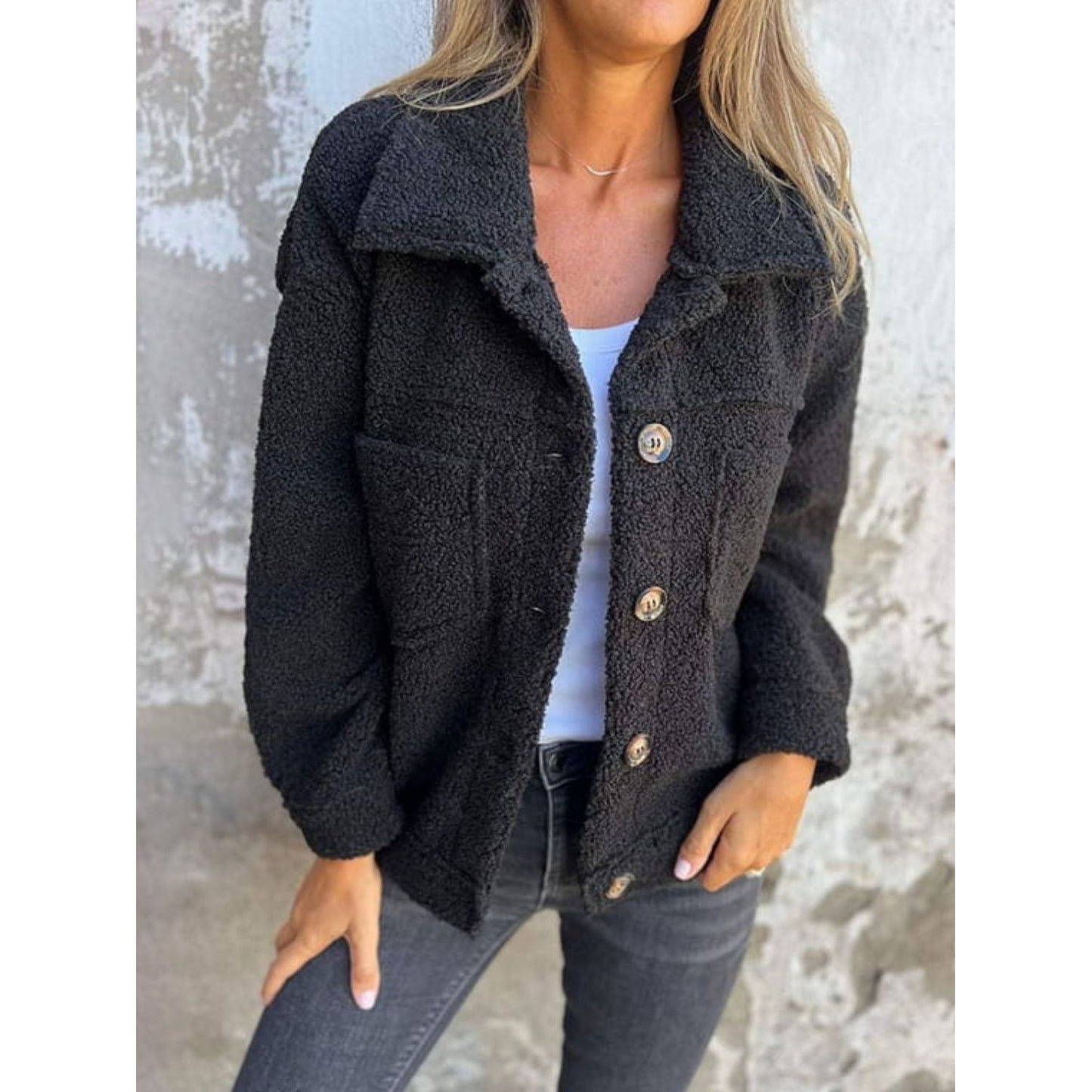 Full Size Fuzzy Button Up Drop Shoulder Jacket