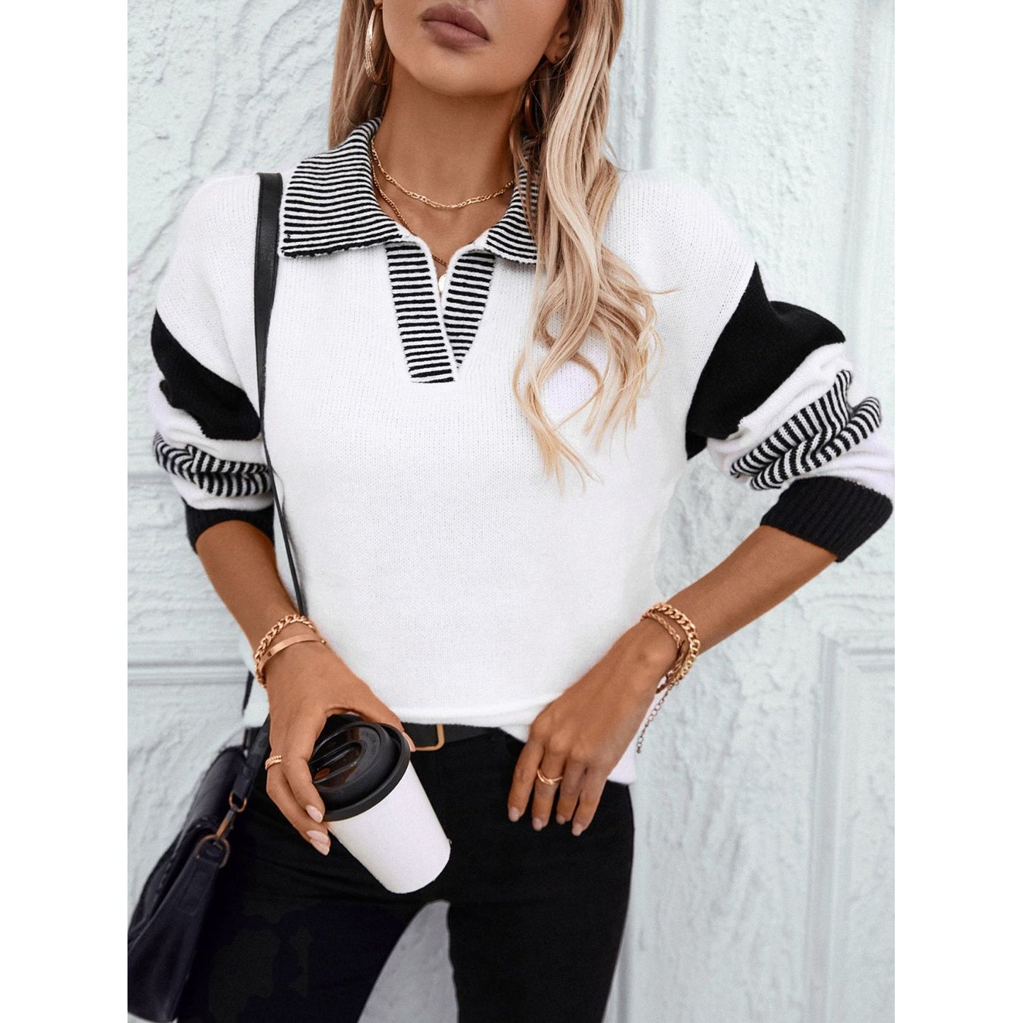 Striped Johnny Collar Drop Shoulder Sweater