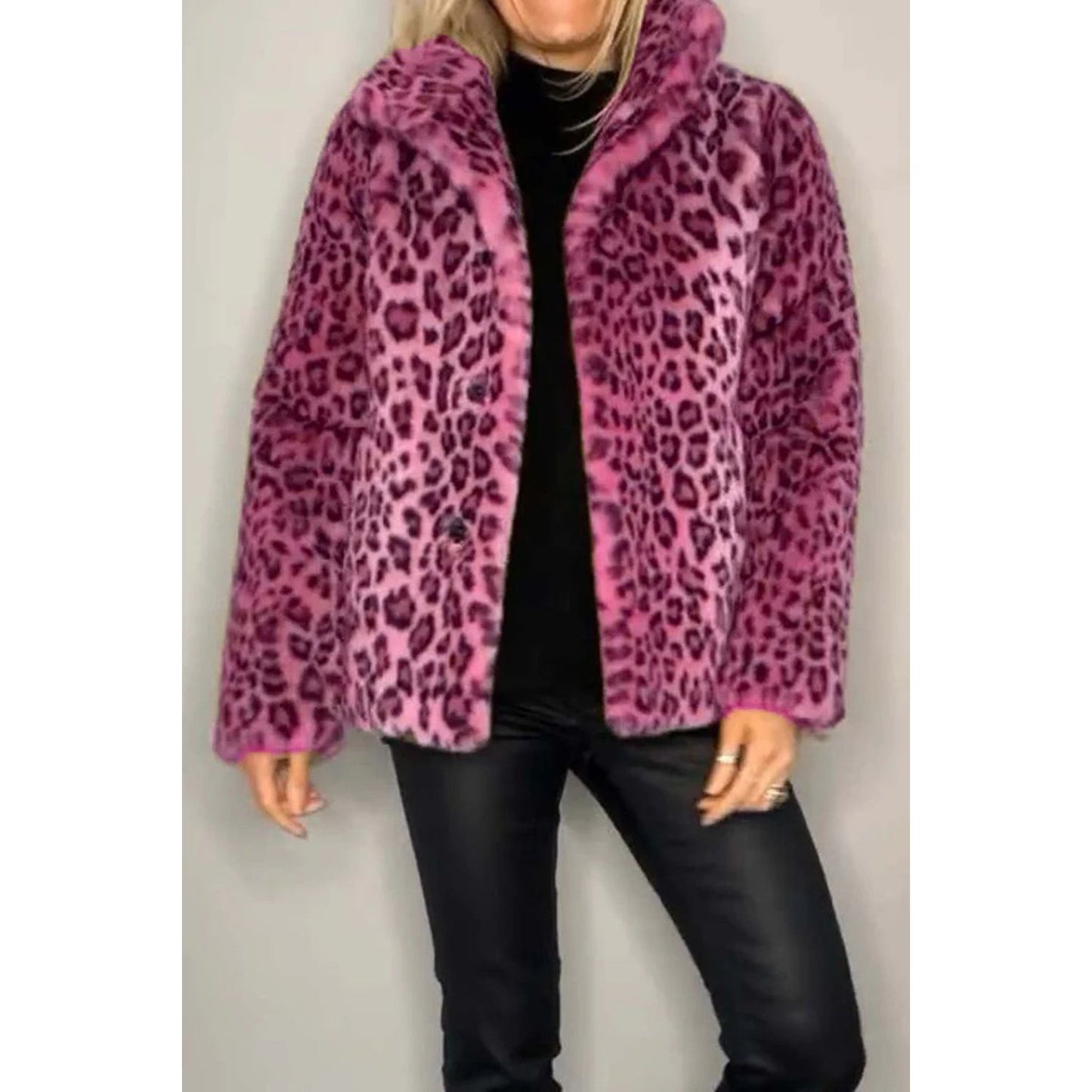 Full Size Leopard Furry Collared Neck Long Sleeve Coat