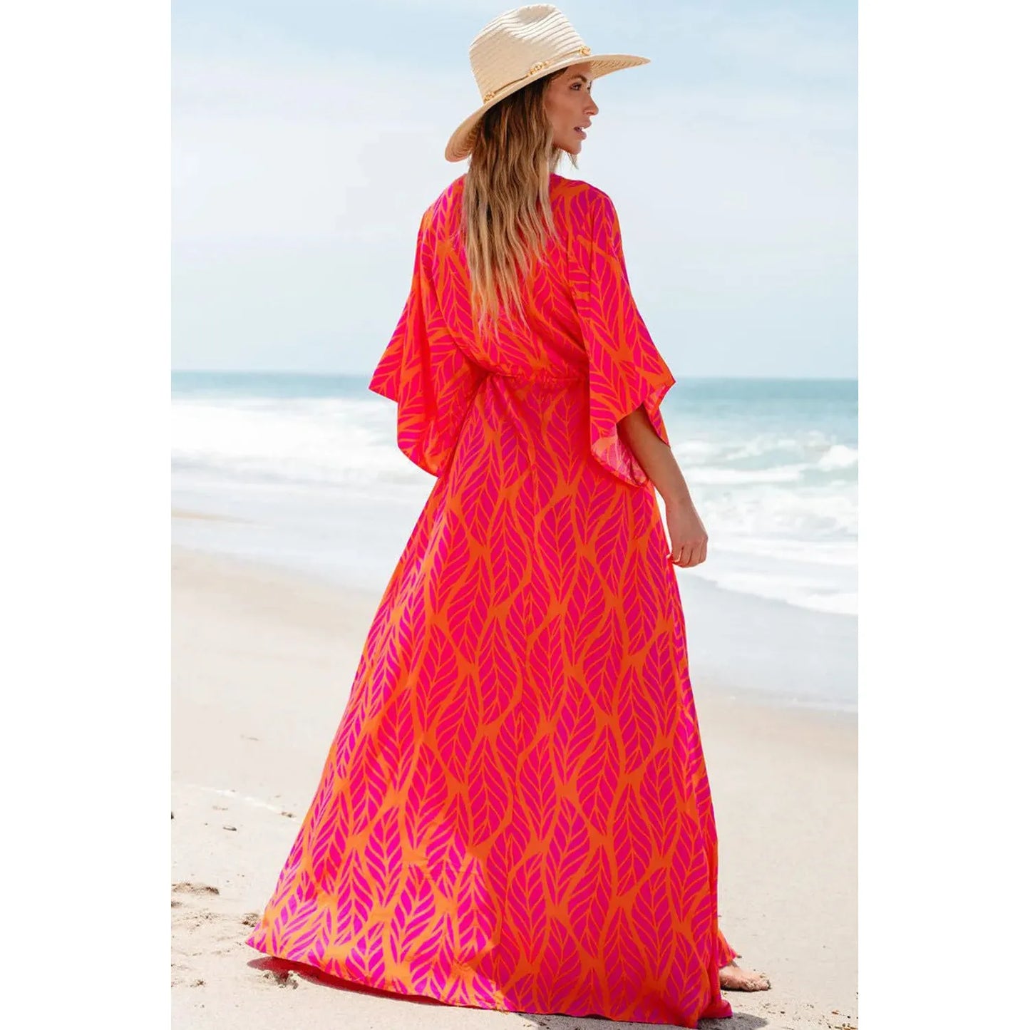 Drawstring Printed V-Neck Maxi Dress