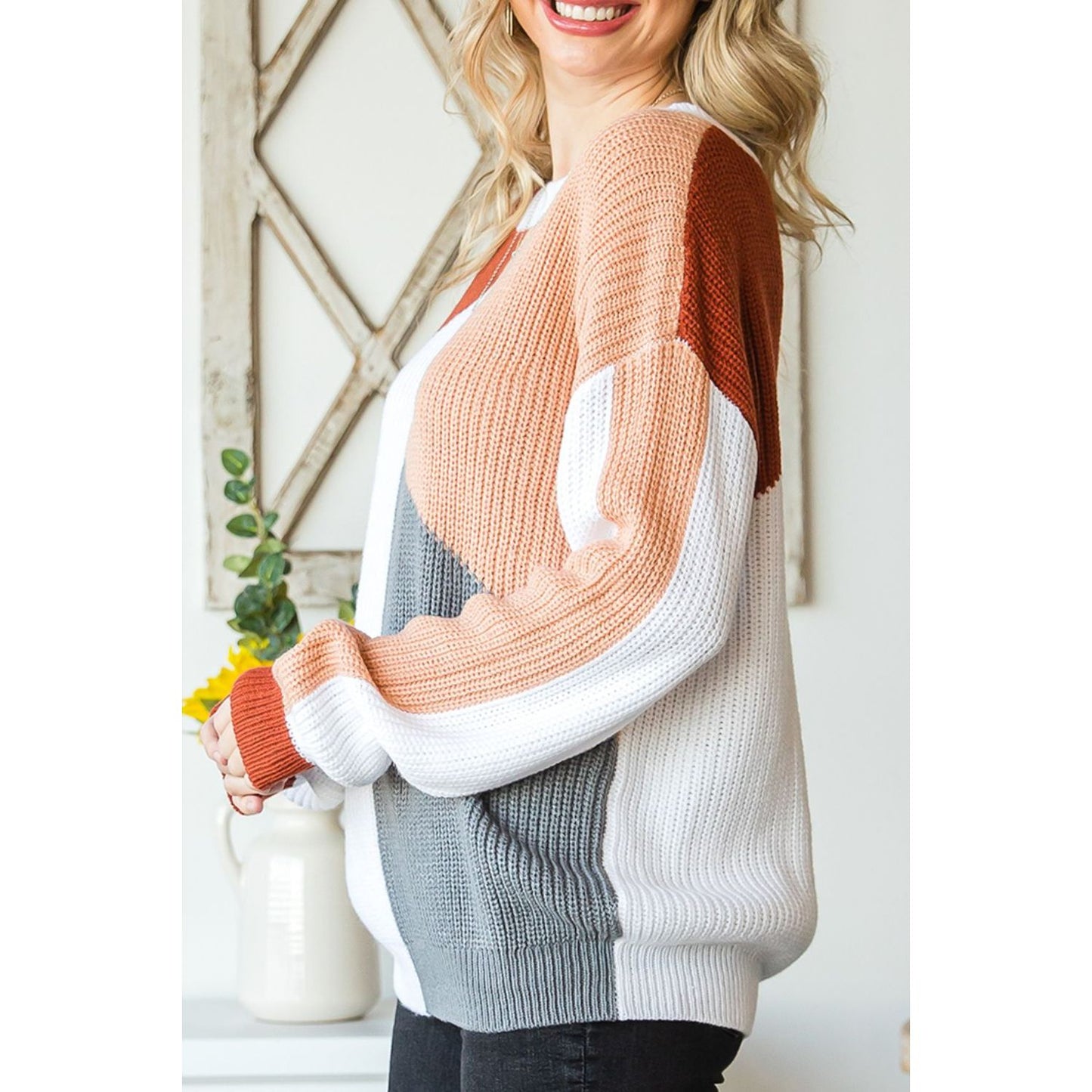 Color Block Drop Shoulder Long Sleeve Sweater