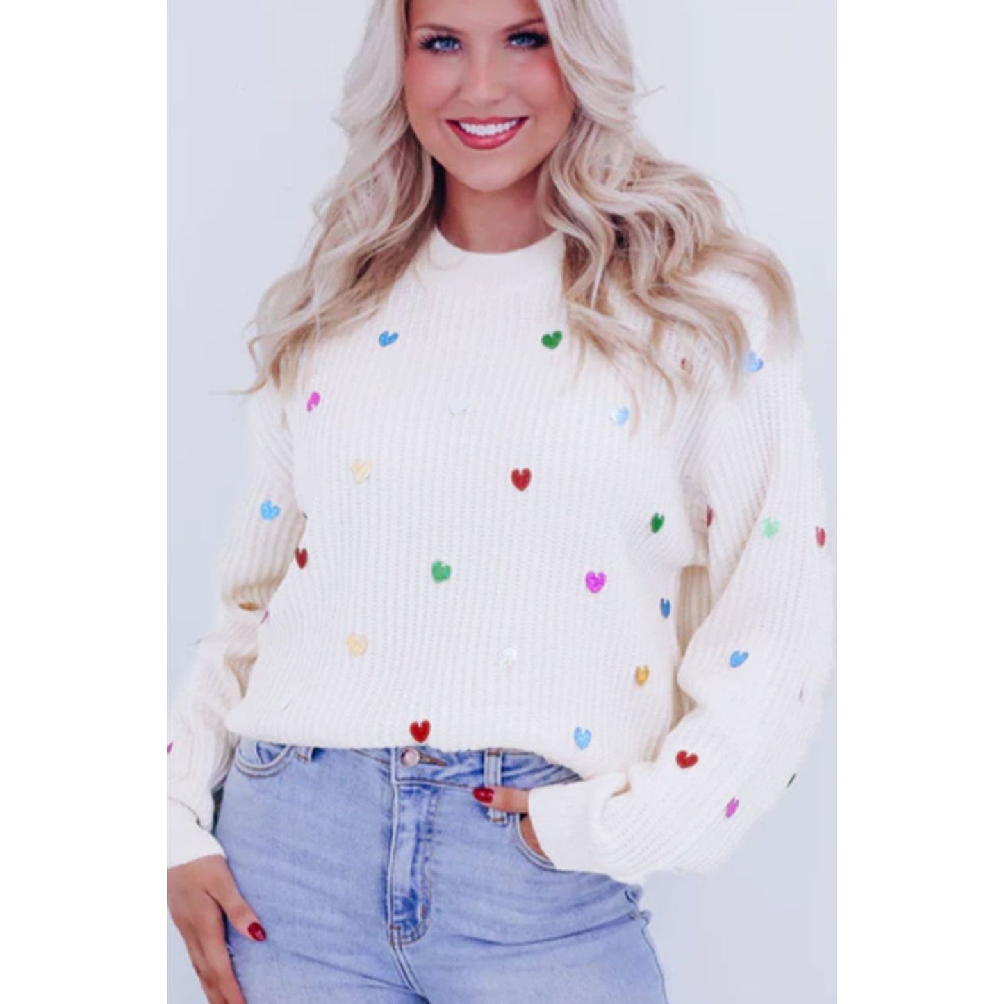 Heart Sequin Round Neck Long Sleeve Sweater