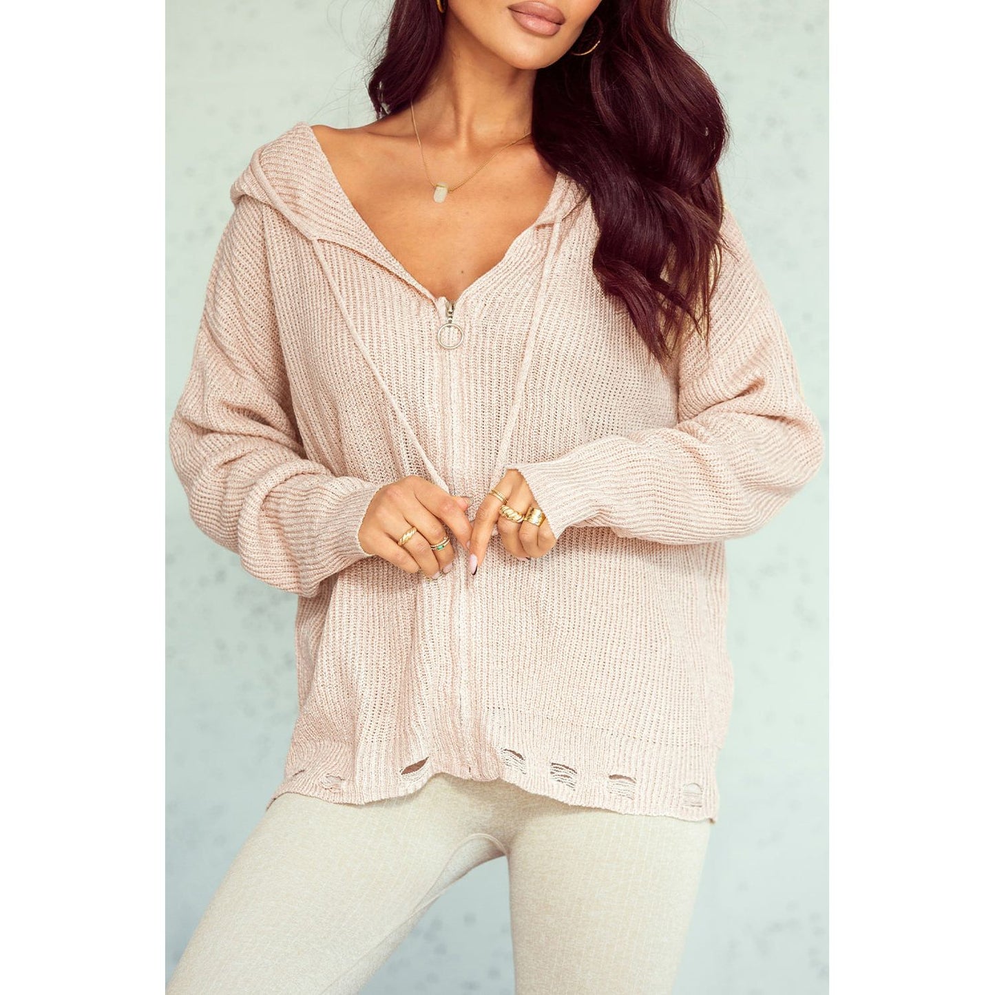 Distressed Zip Up Drawstring Hooded Cardigan