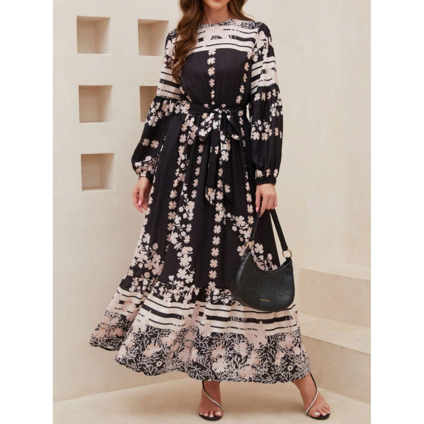 Printed Round Neck Long Sleeve Maxi Dress with Pockets