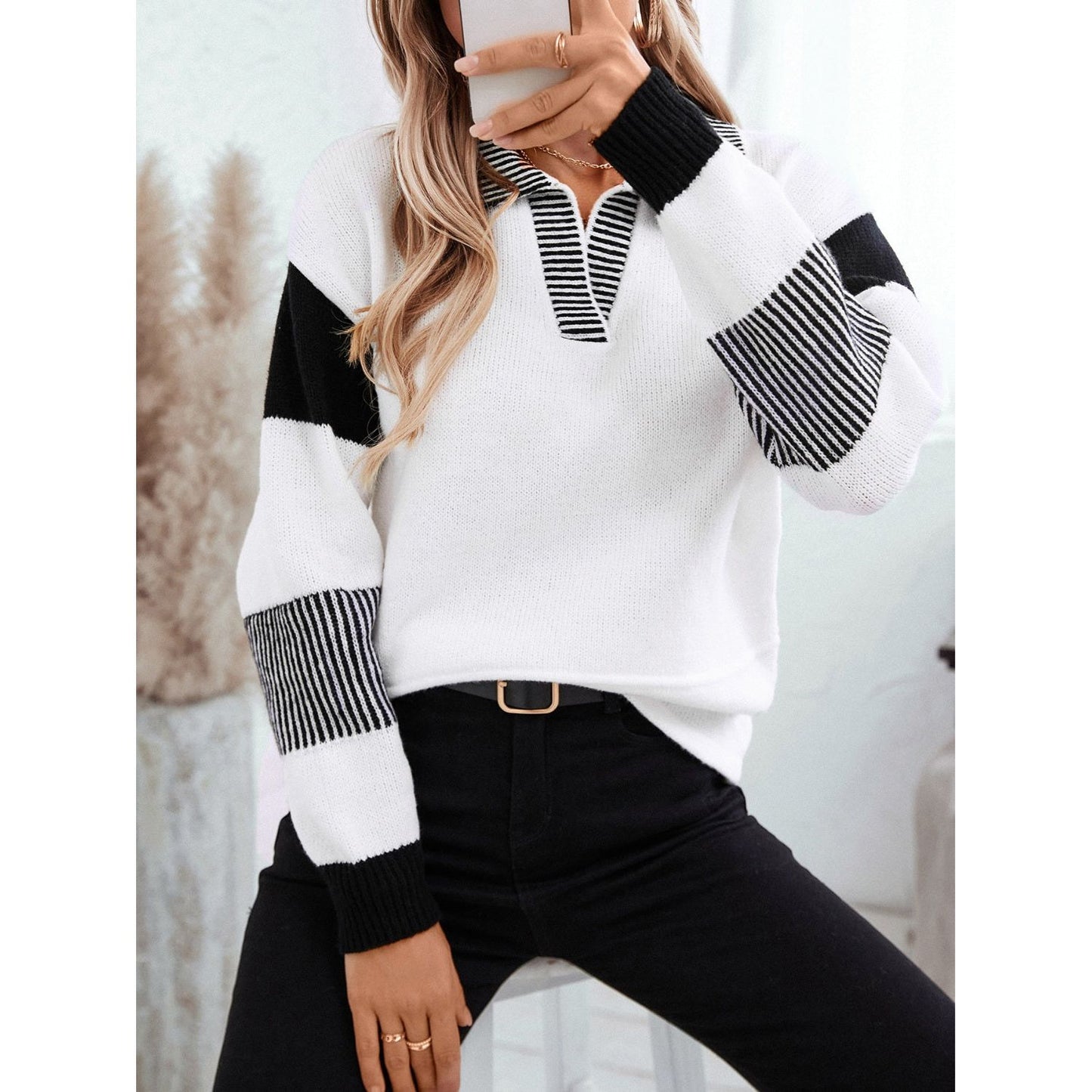 Striped Johnny Collar Drop Shoulder Sweater