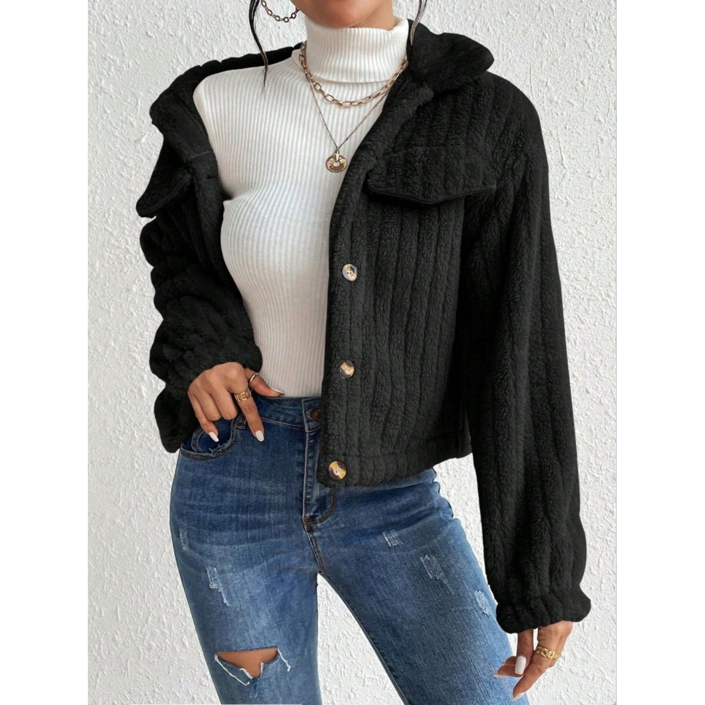 Fuzzy Button Up Collared Neck Jacket