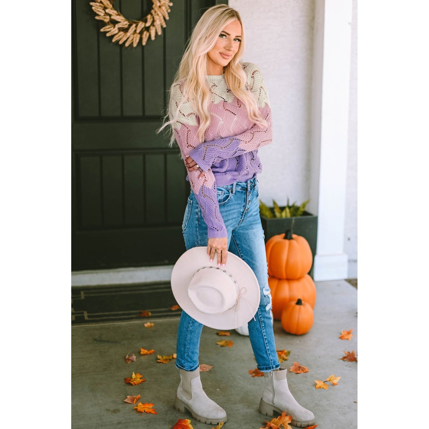 Color Block Hollow Boat Neck Sweater