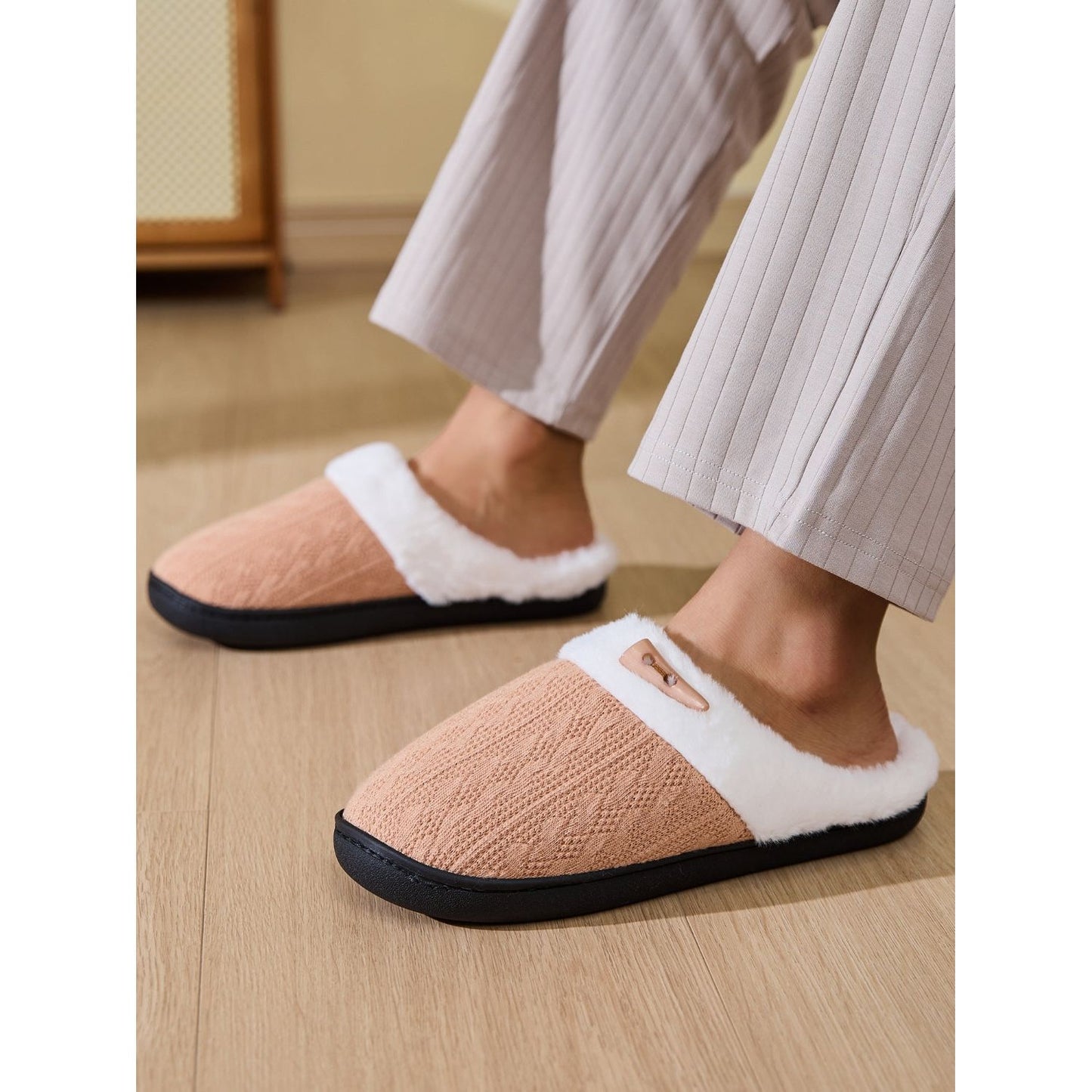 Horn Buckle Furry Texture Flat Slippers