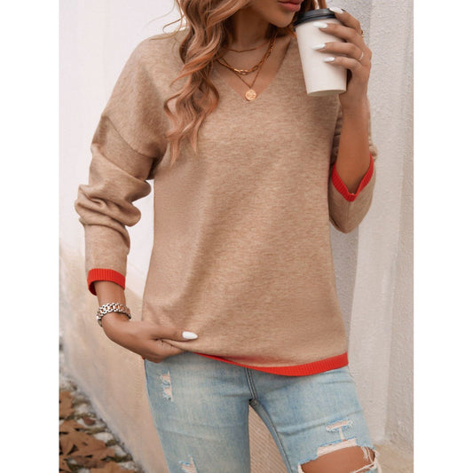 Devine Contrast Trim V-Neck Dropped Shoulder Sweater