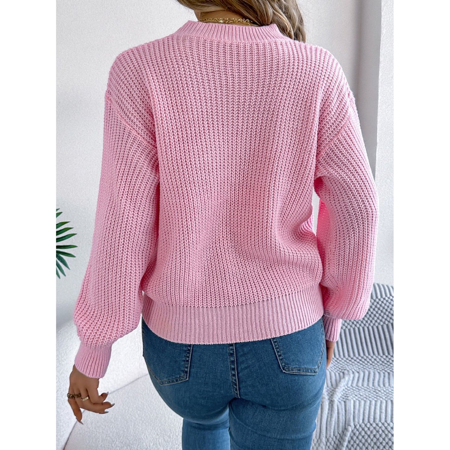 LOVE Heart Round Neck Dropped Shoulder Sweater