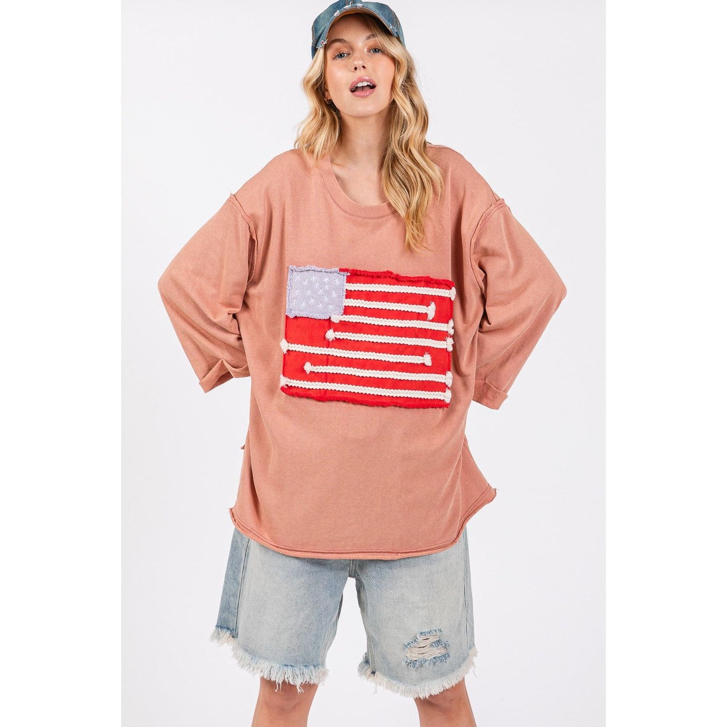 SAGE + FIG Full Size American Flag Patch Drop Shoulder T-Shirt