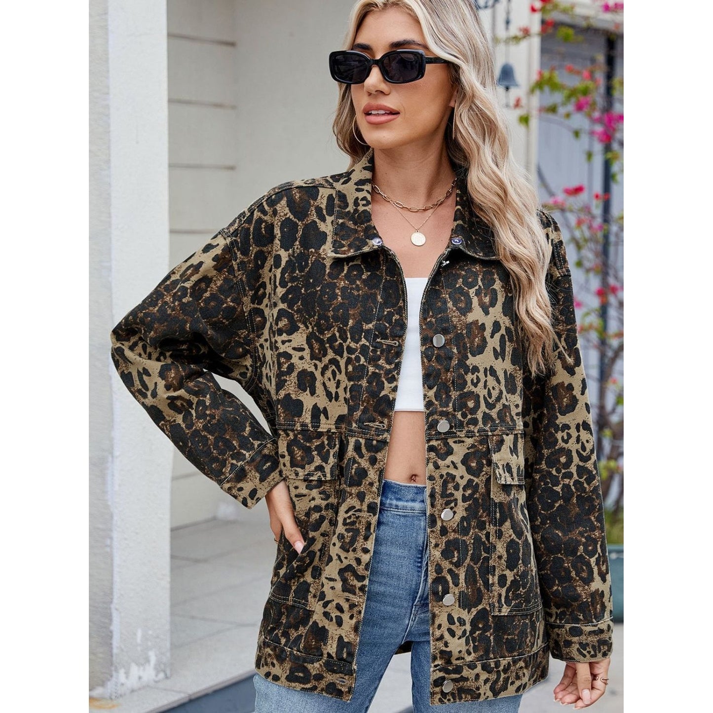 Leopard Button Up Drop Shoulder Denim Jacket