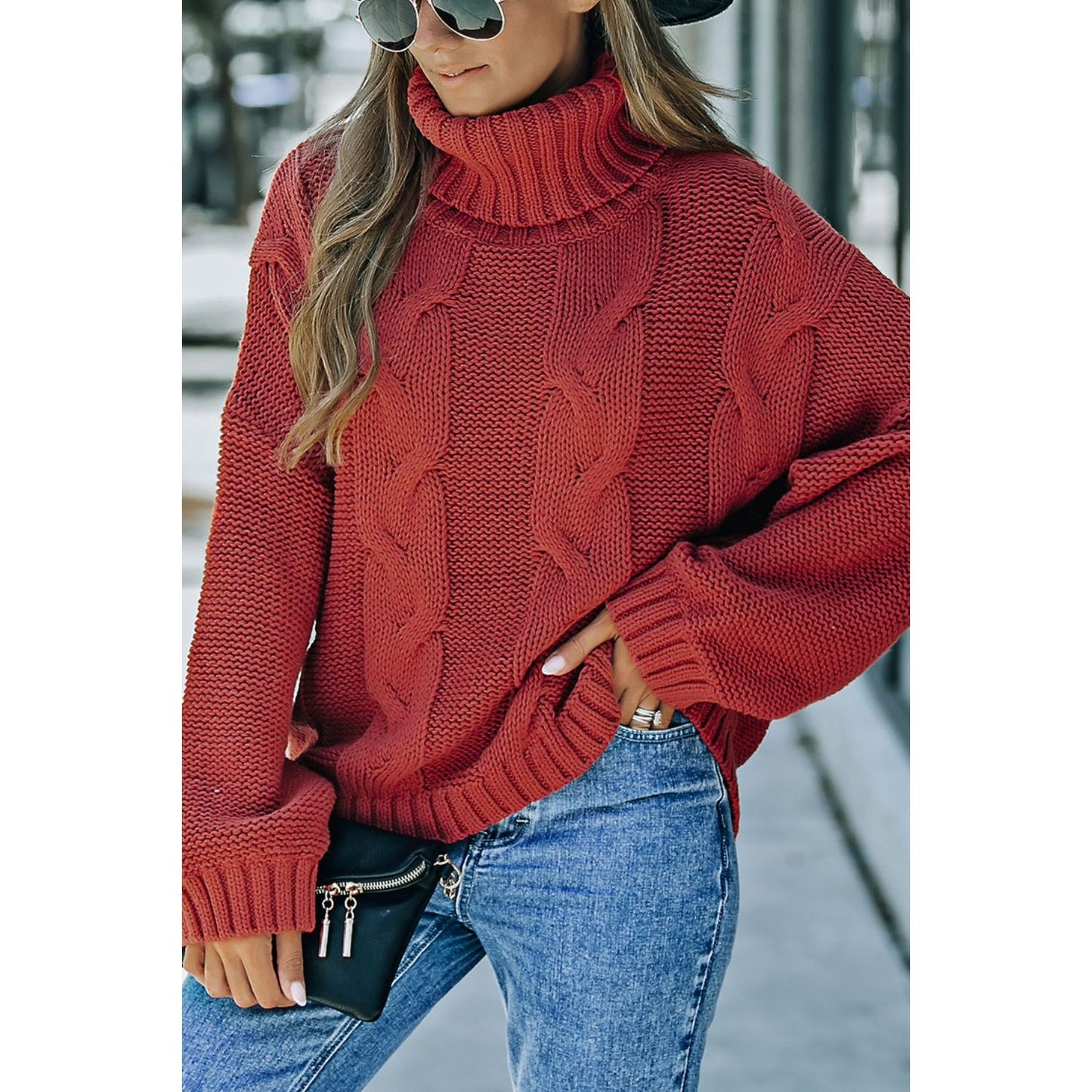 Cable-Knit Turtleneck Dropped Shoulder Sweater