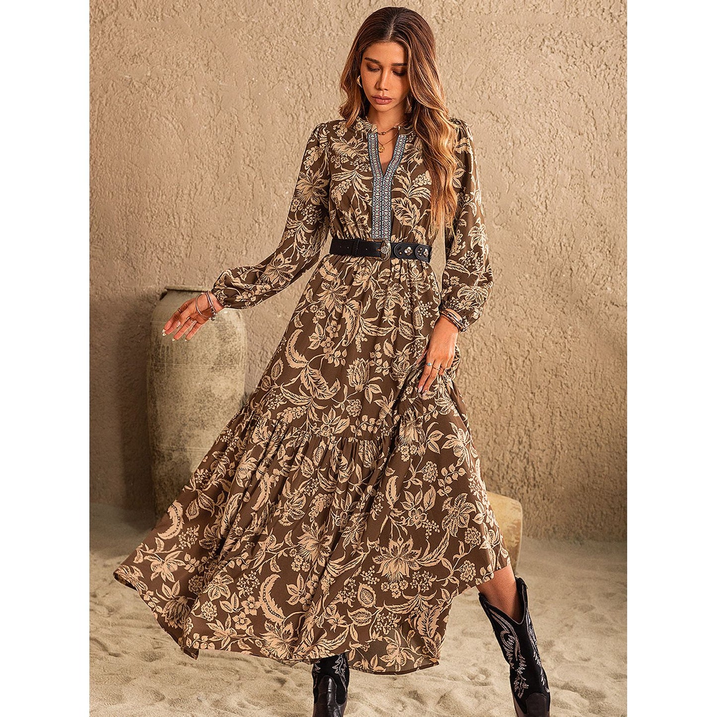 Ruched Printed Notched Long Sleeve Maxi Dress