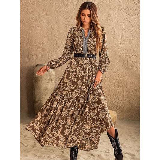 Ruched Printed Notched Long Sleeve Maxi Dress