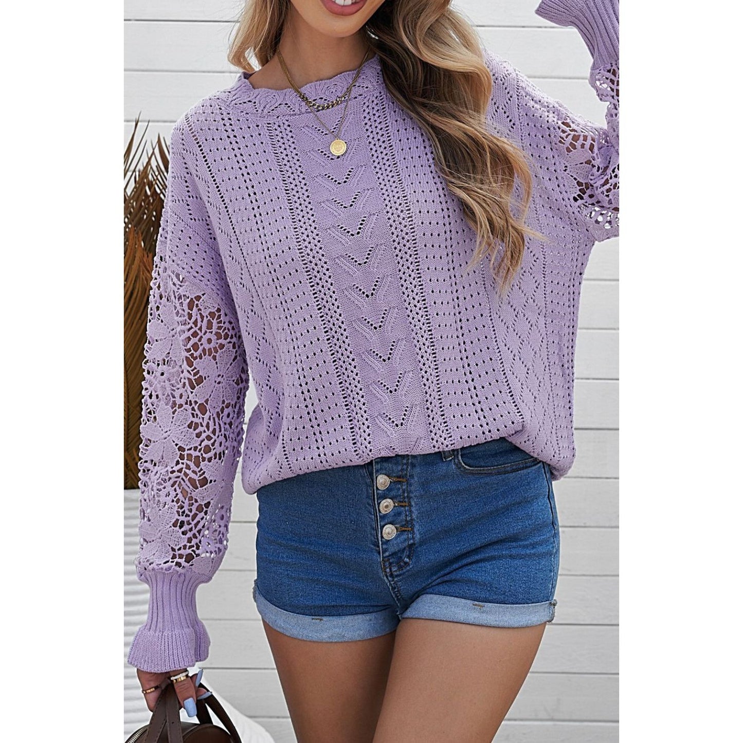 Openwork Round Neck Long Sleeve Sweater