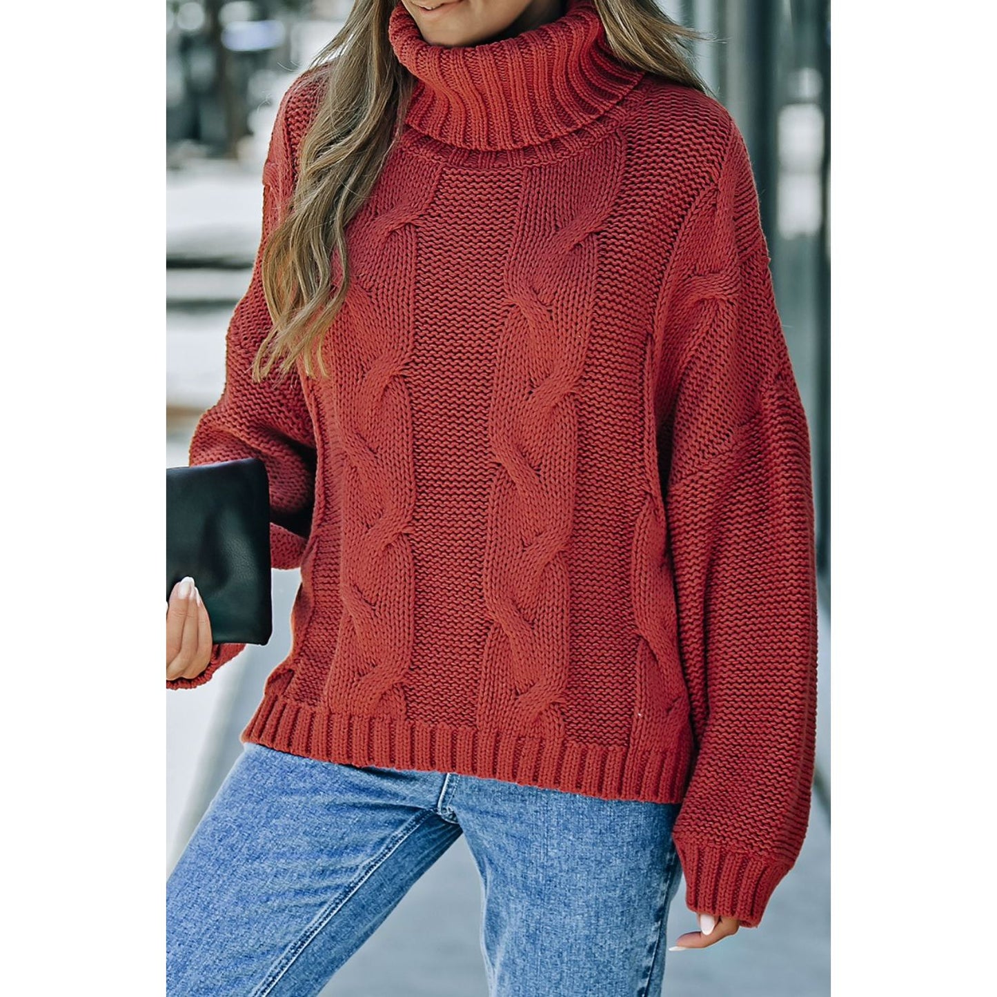 Cable-Knit Turtleneck Dropped Shoulder Sweater