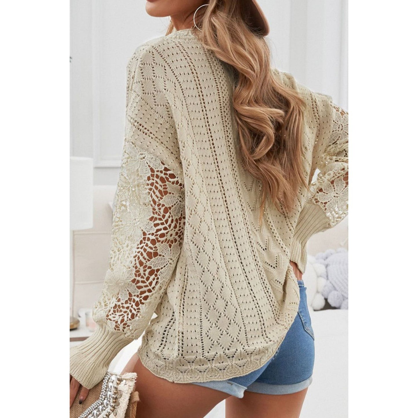 Openwork Round Neck Long Sleeve Sweater