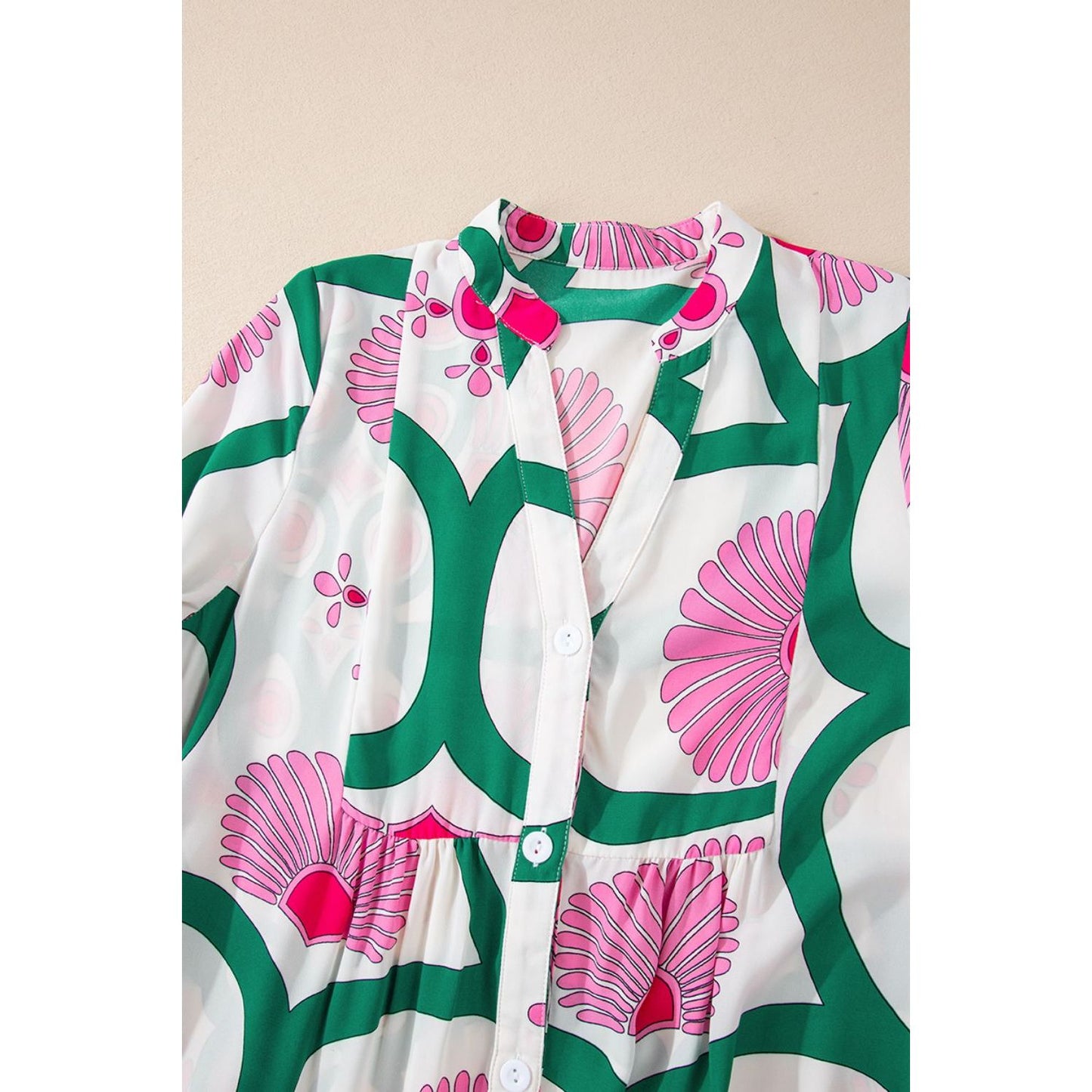 Printed Notched Long Sleeve Maxi Dress