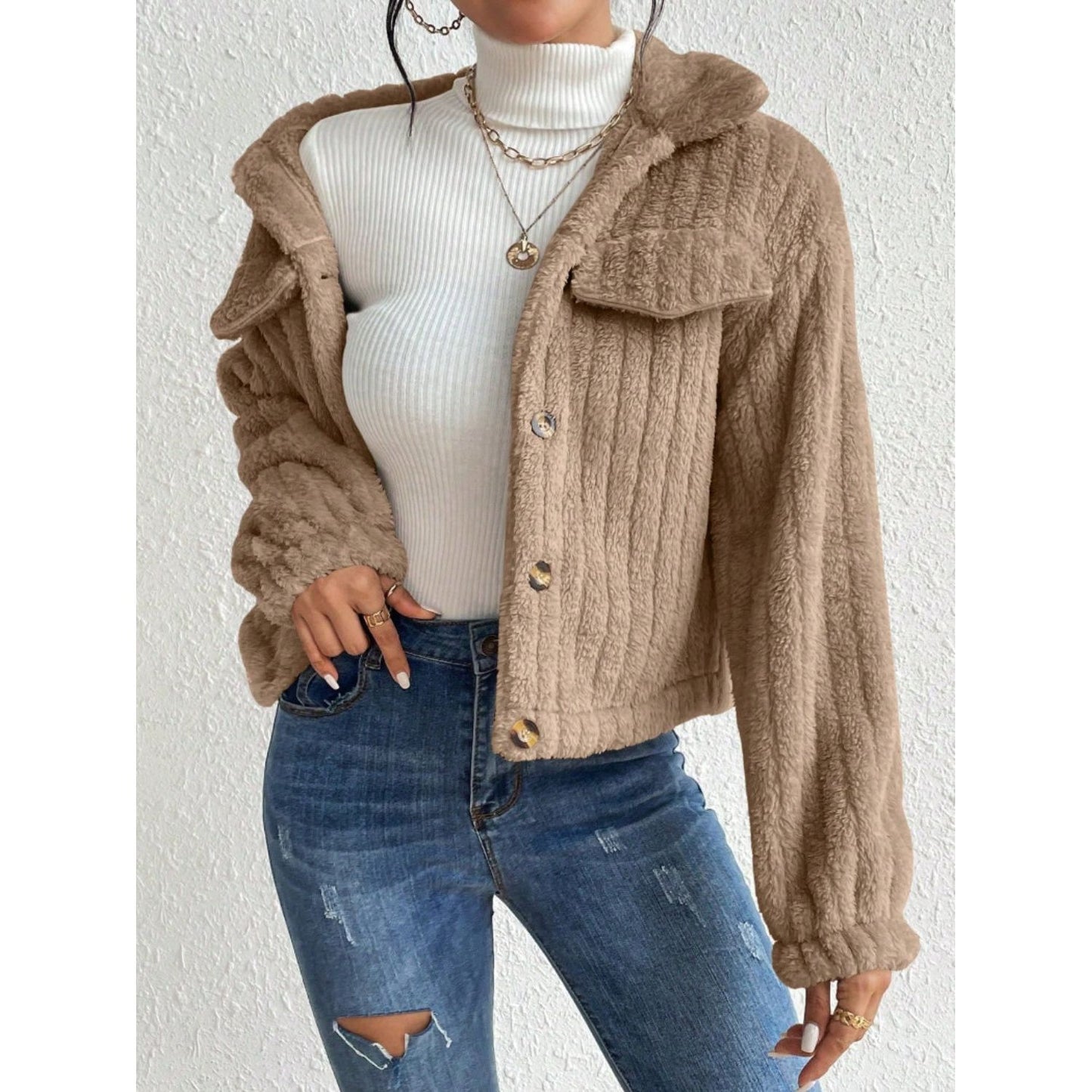 Fuzzy Button Up Collared Neck Jacket