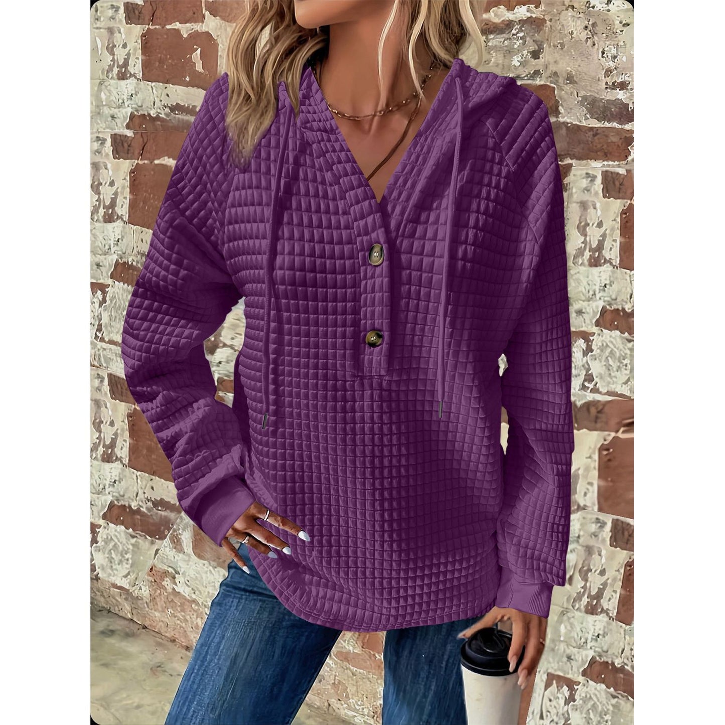 Full Size Texture Button Detail Drawstring Long Sleeve Hoodie