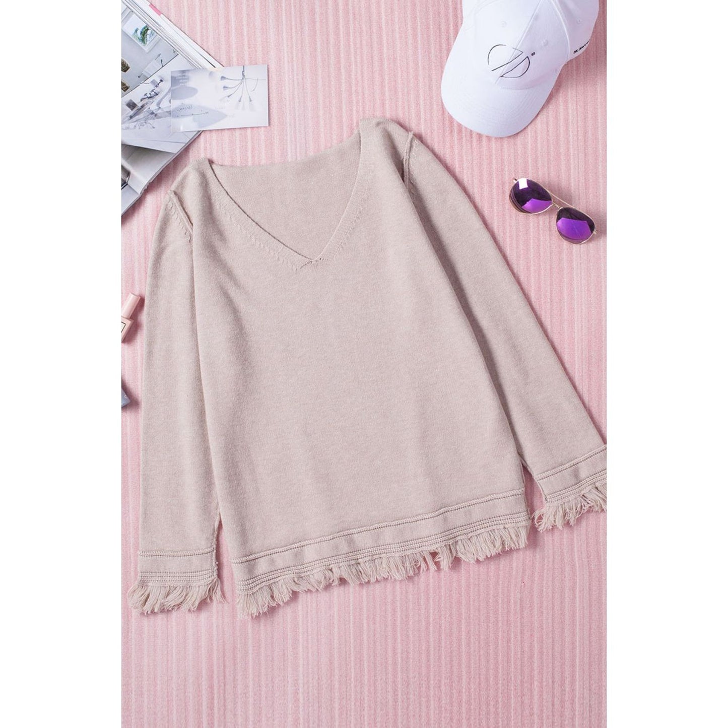 Exposed Seam Fringe Hem V-Neck Long Sleeve Sweater