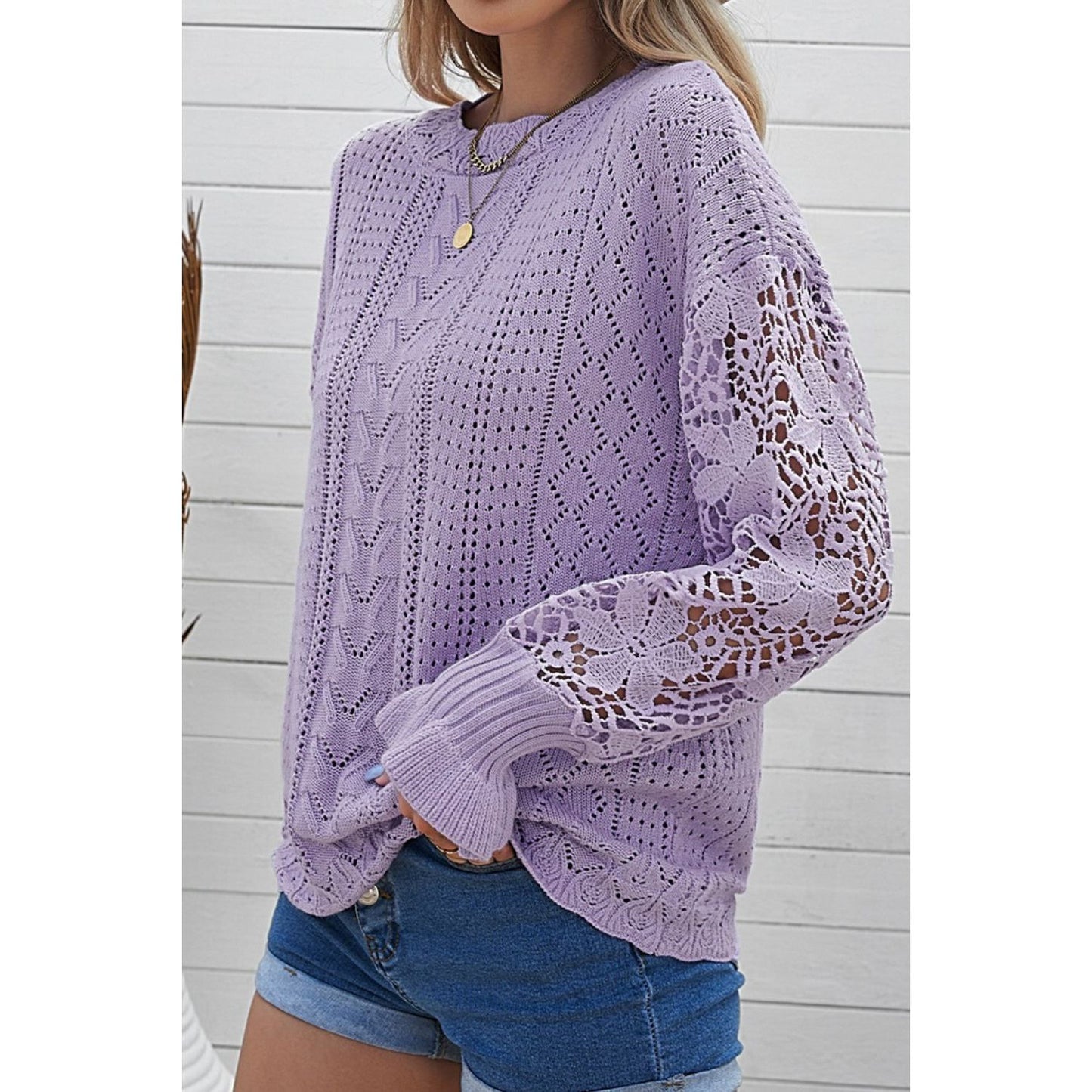 Openwork Round Neck Long Sleeve Sweater