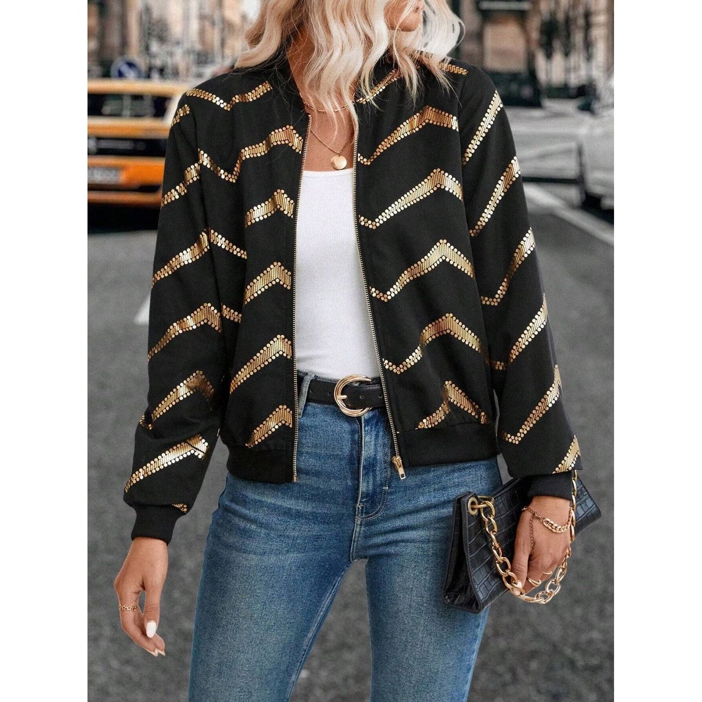 Printed Baseball Collar Zip Up Jacket